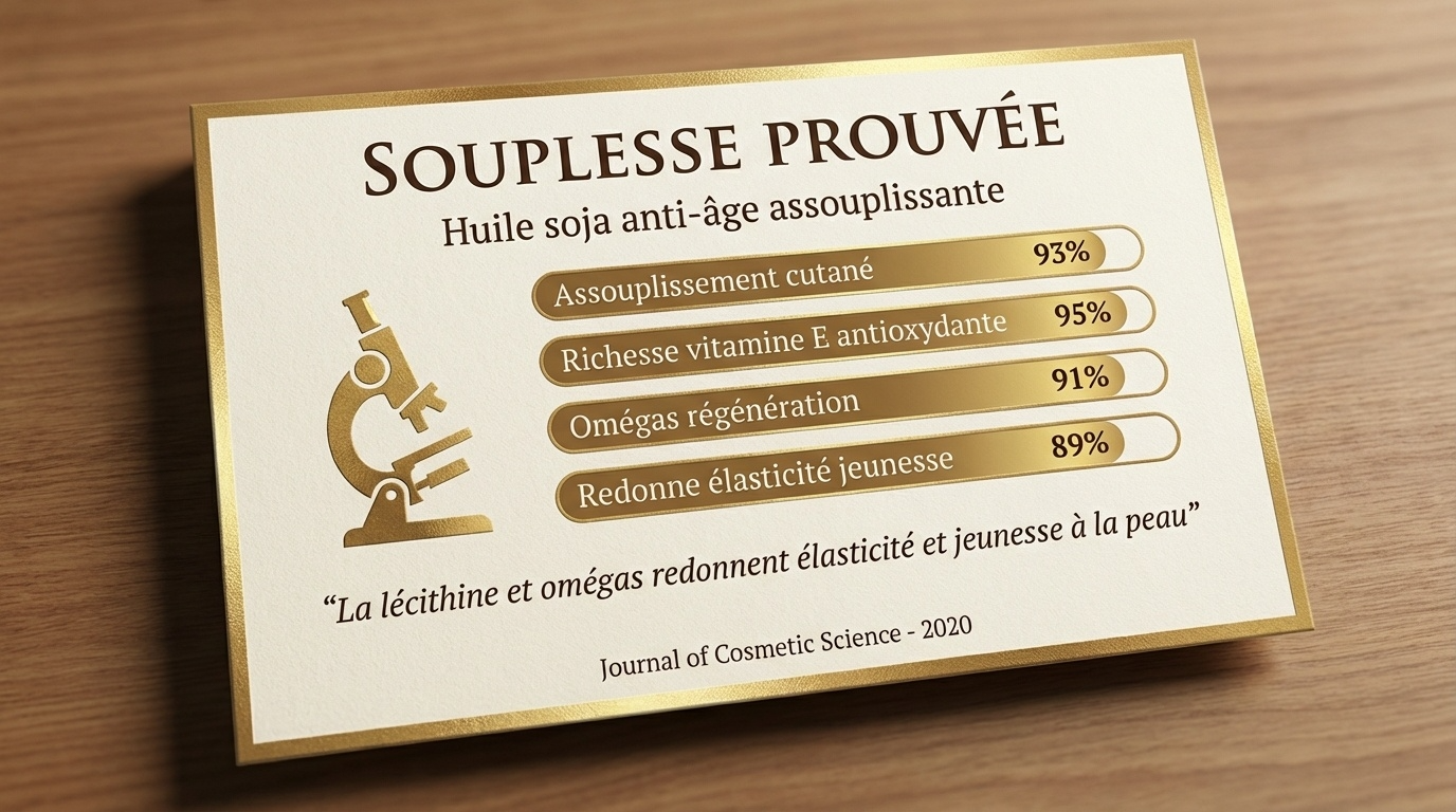 Close-up of a card displaying anti-aging soy oil benefits with percentage effectiveness and a microscope icon.
