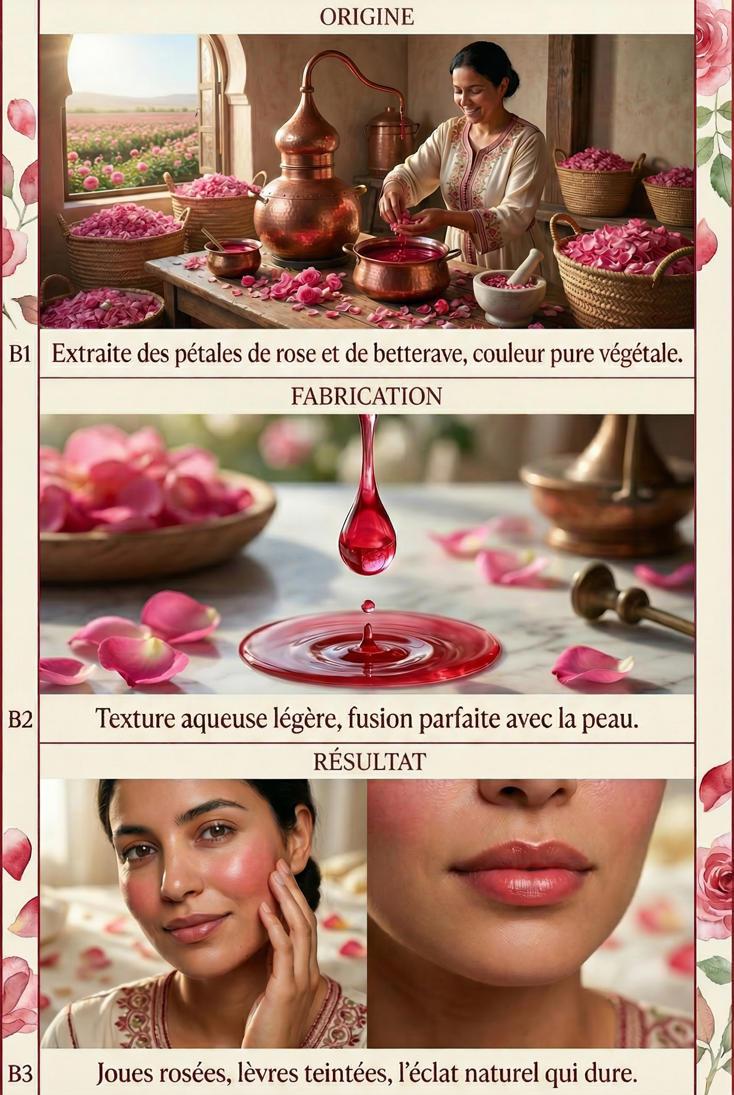 JODHUR, cosmétiques naturels avec extrait de pétales de rose et betterave, apporte éclat et couleur naturelle aux joues et lèvres.