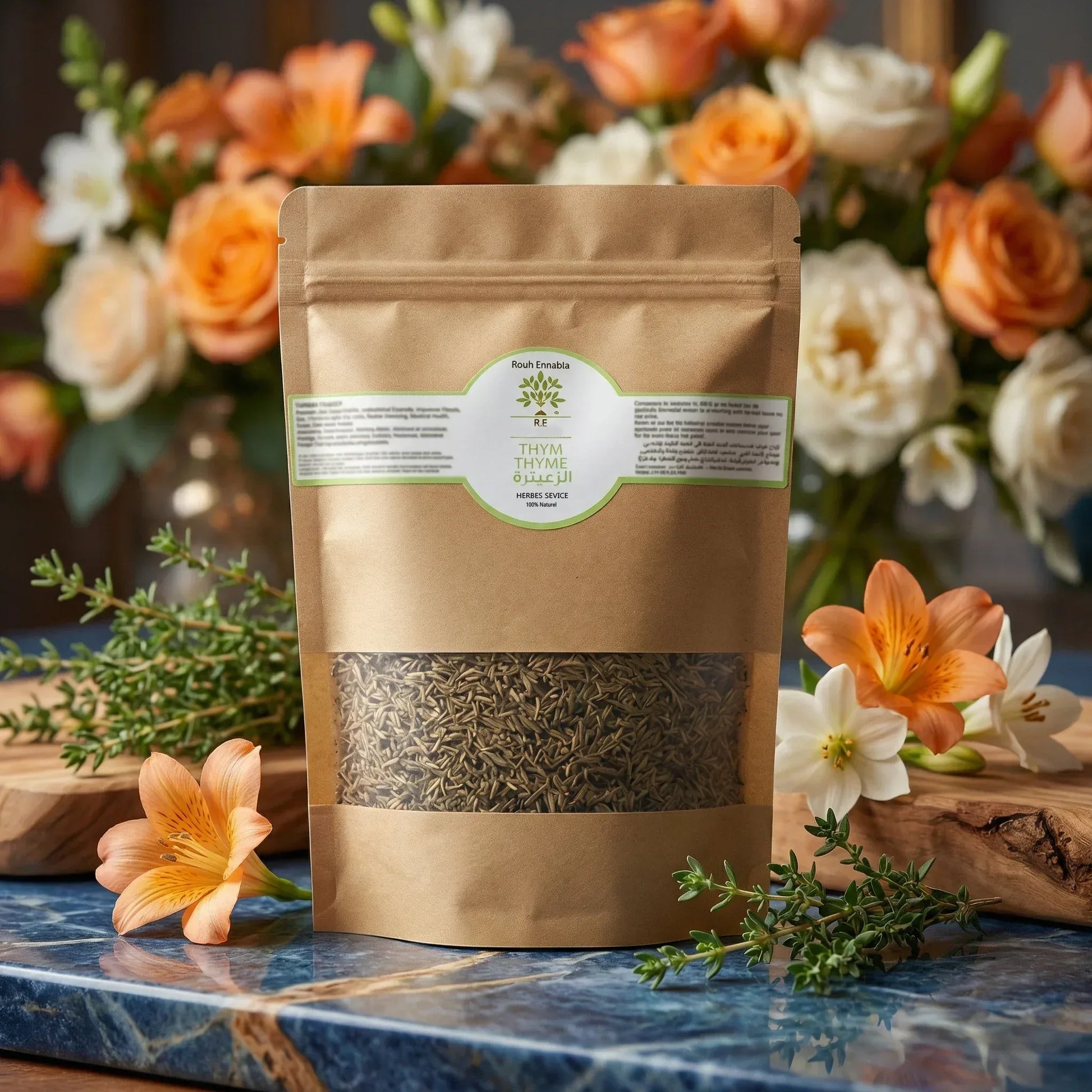 Bouquet de thym séché bio sauvage Jodhur sur fond clair — infusion santé et purifiante Maroc