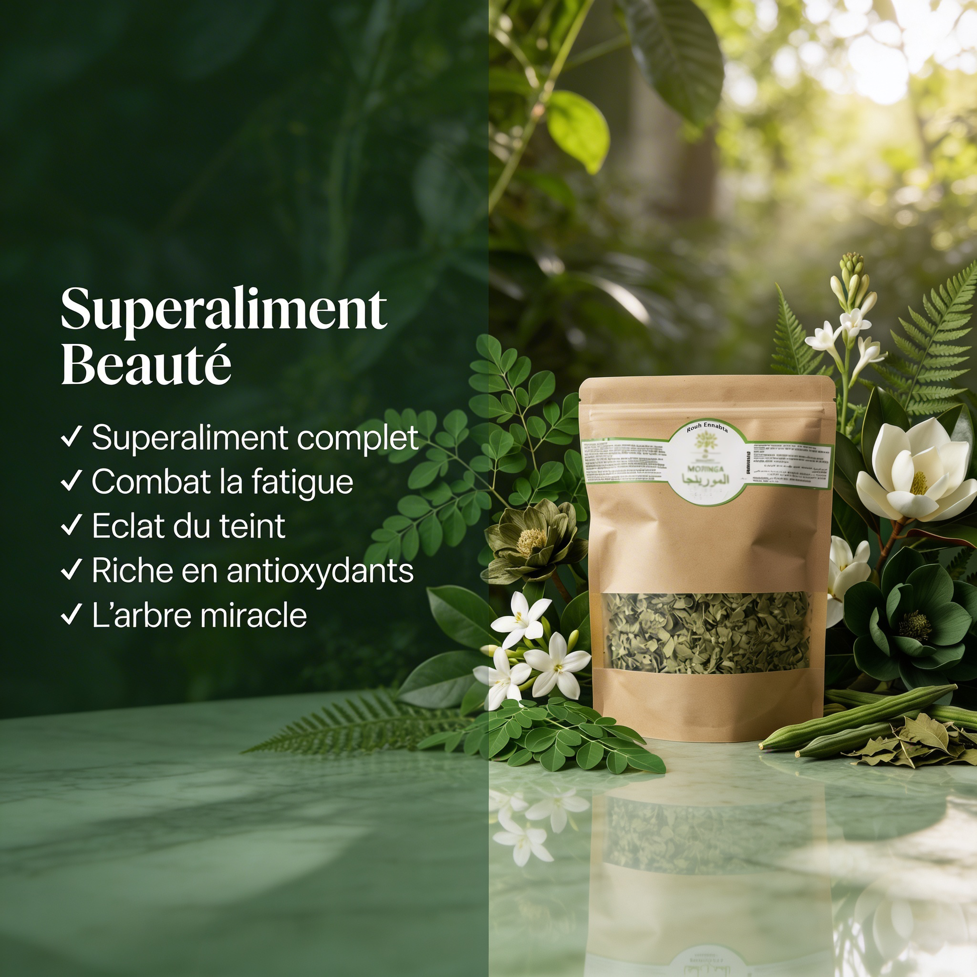 Moringa Oleifera BIO – Superaliment Beauté natural leaves in eco-friendly packaging with green foliage and white flowers background