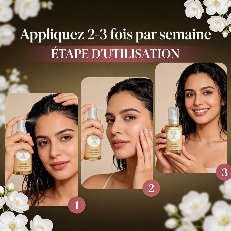 Step-by-step usage of Huile de Jojoba BIO – Équilibrante Universelle shown by a woman applying the product to her face.