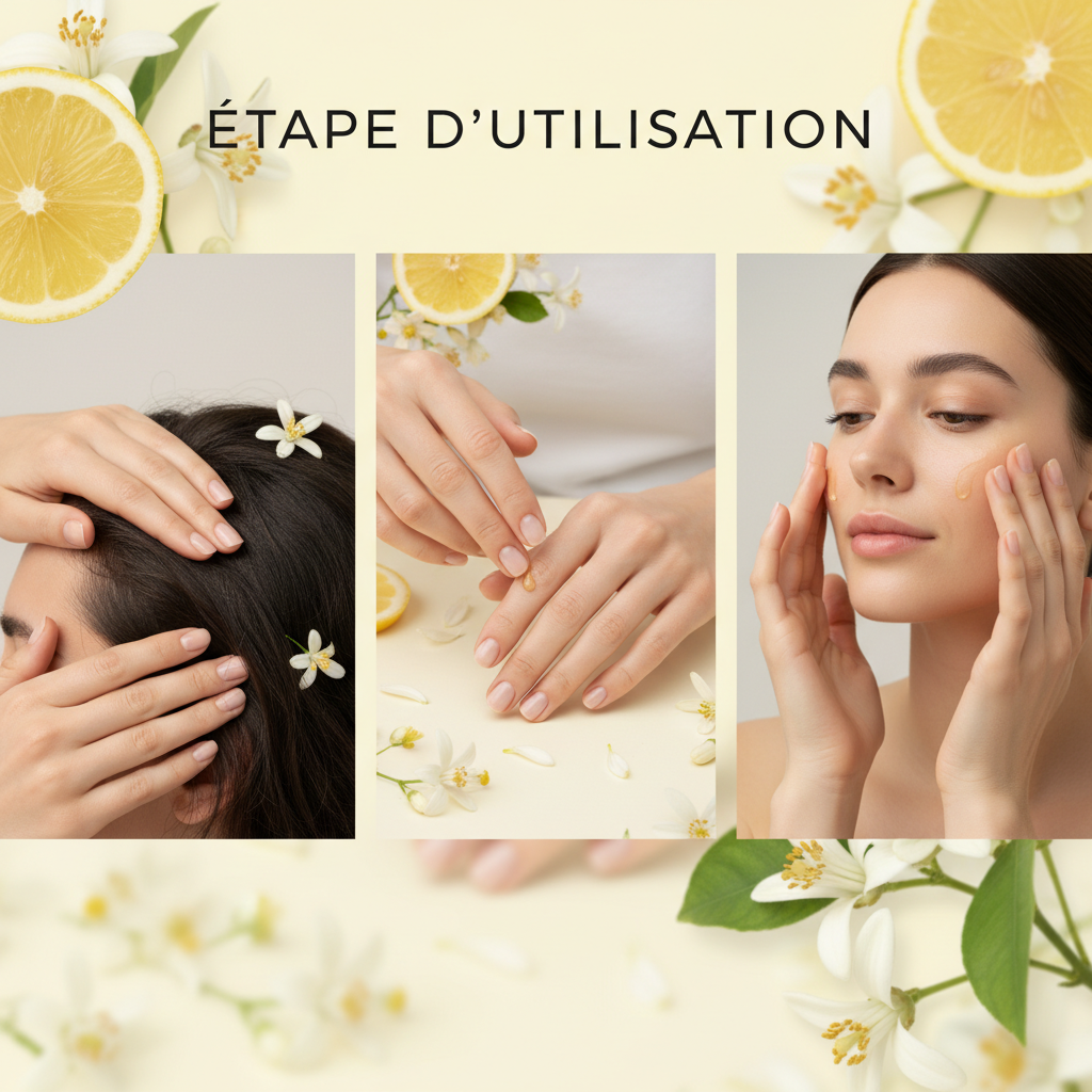 Application steps shown with hands and face using Huile Essentielle de Citron BIO – Éclat & Détox with lemon and flowers background