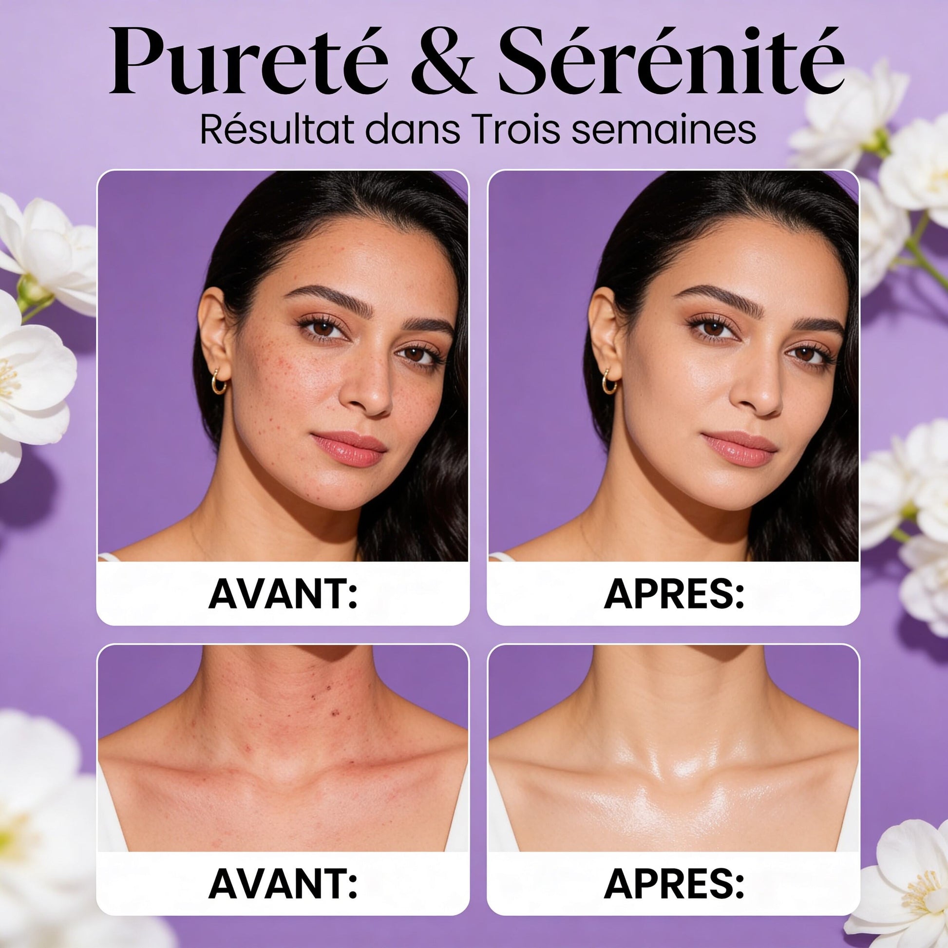 Before and after images showing improved facial and shoulder skin clarity using Nettoyant Visage Doux à la Lavande in three weeks