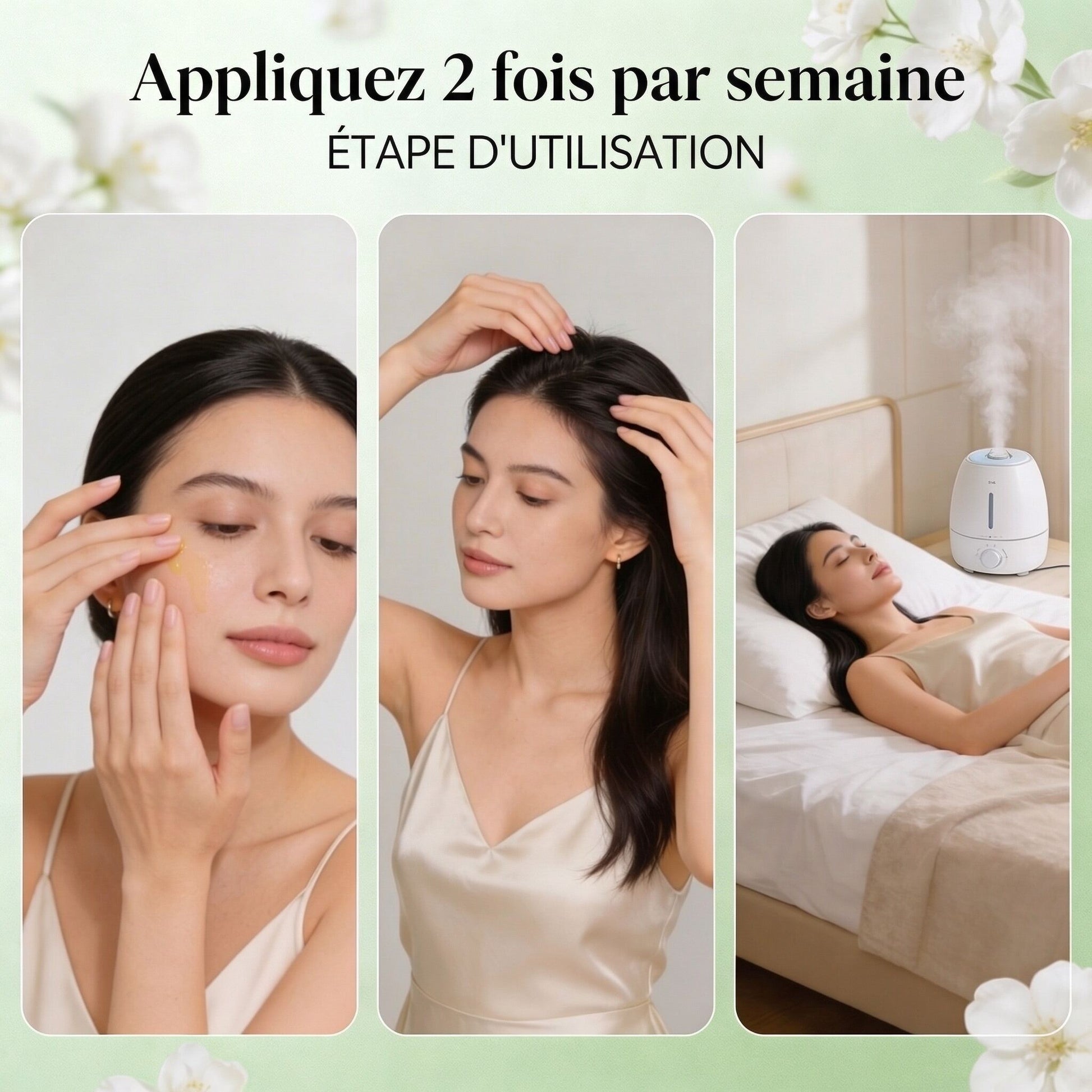 Woman applying Huile Essentielle Eucalyptus Globulus BIO | Purifie & rééquilibre la peau on face and hair, resting near diffuser mist