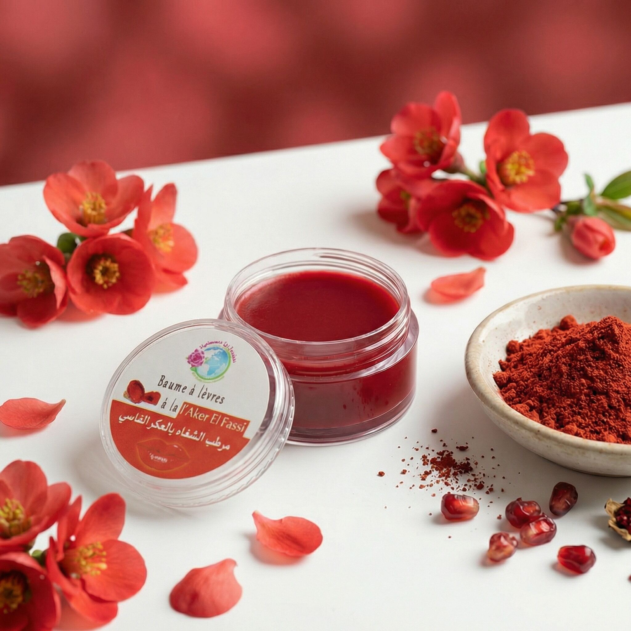 Baume à Lèvres Teinté Aker Fassi – Hydratation & Couleur Naturelle lip balm with red tint surrounded by flowers and pomegranate powder