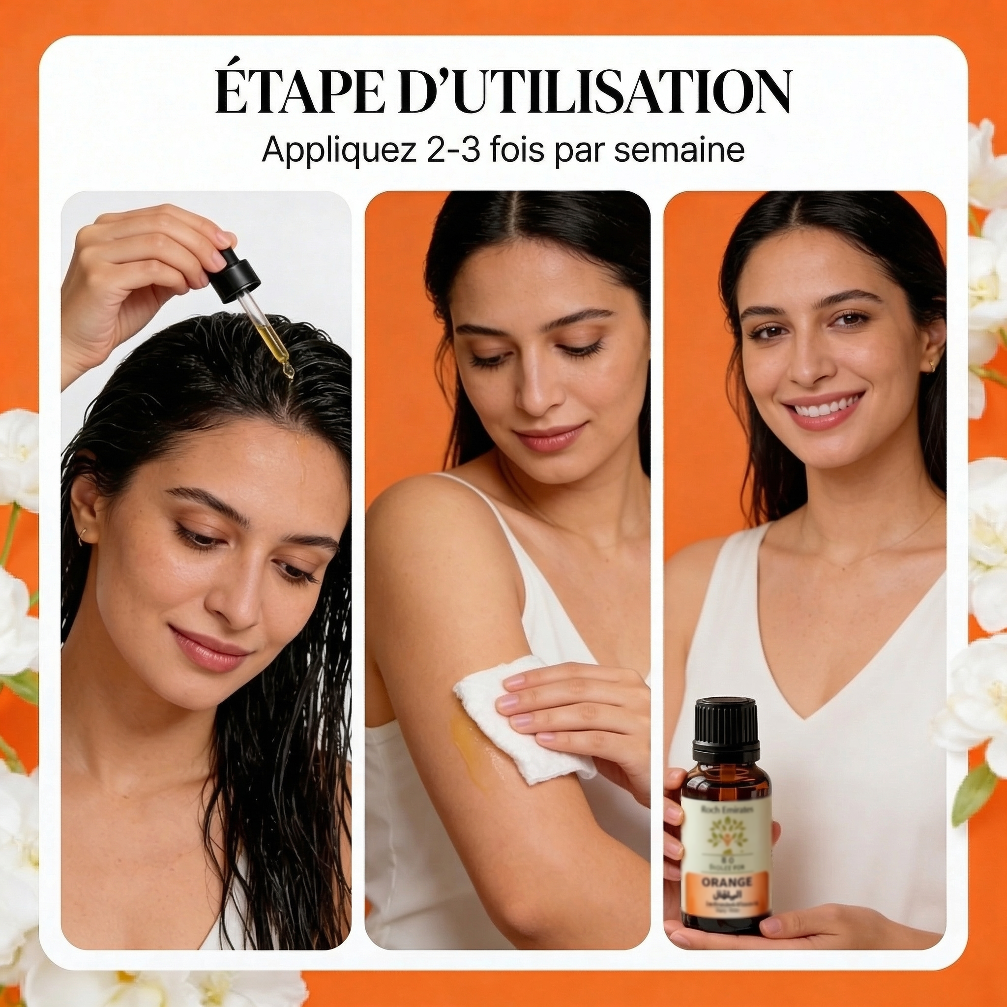 Woman applying Huile Essentielle Orange Douce BIO | Éclat du teint & sérénité essential oil to skin and hair with dropper and cotton pad