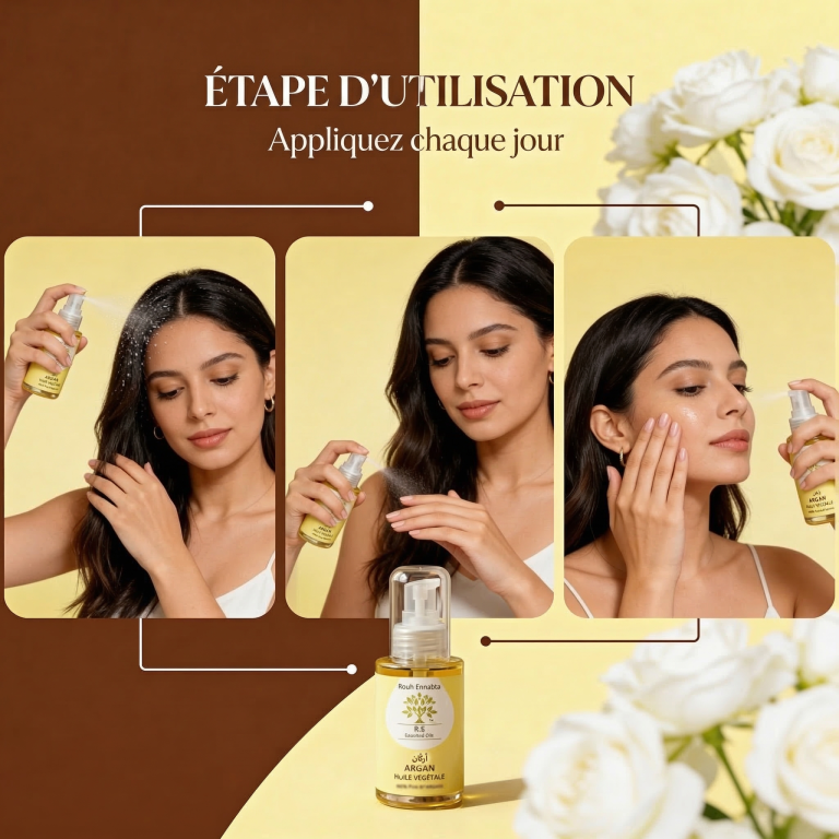 Woman demonstrating daily application of Huile d'Argan Pure BIO – Trésor Anti-âge on hair and face with product bottle shown