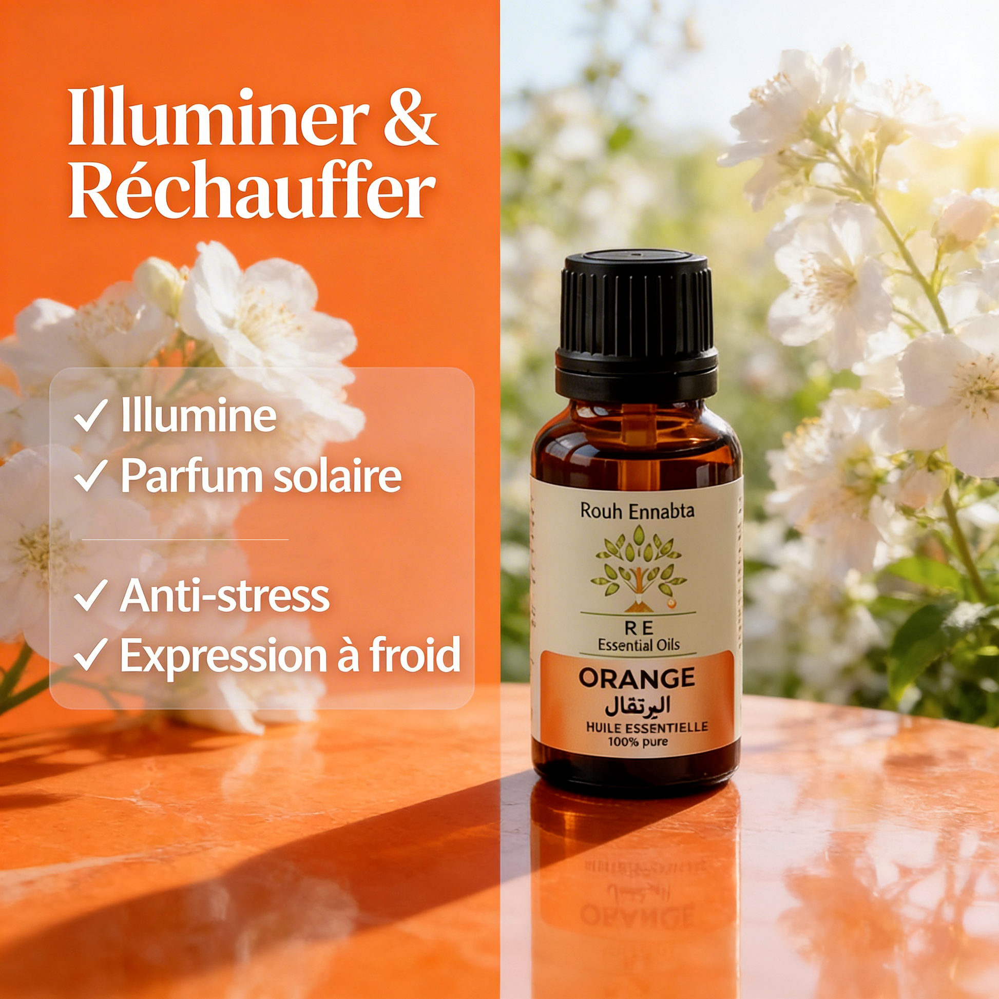Huile Essentielle Orange Douce BIO | Éclat du teint & sérénité essential oil bottle with white flowers background.
