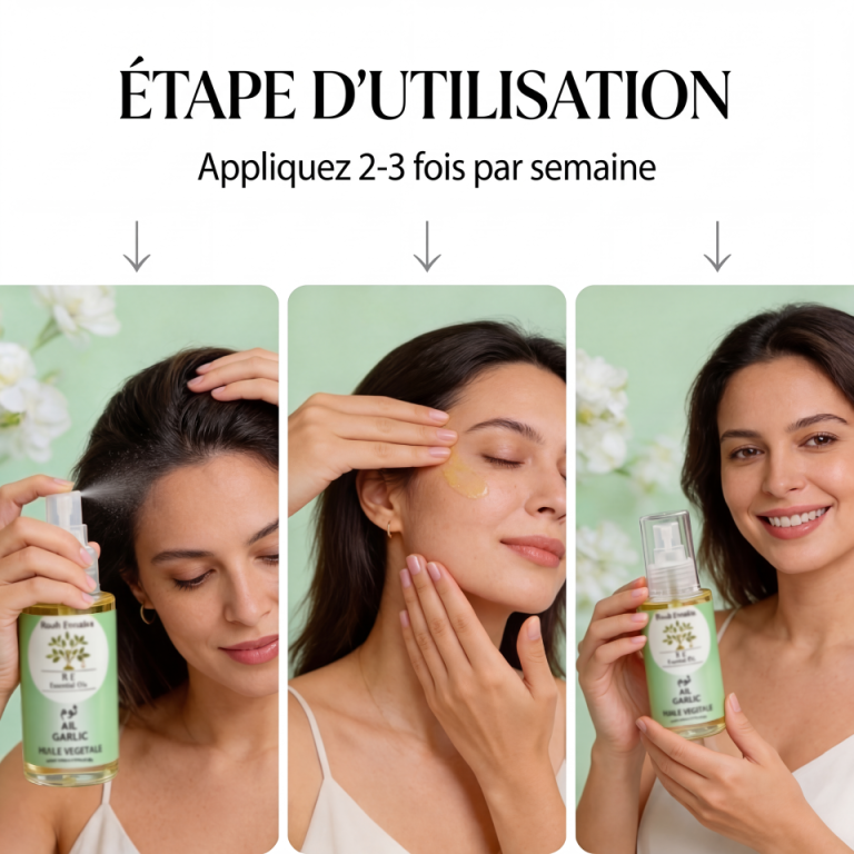 Step-by-step usage of Huile d'Ail BIO – Anti-Chute Capillaire shown with woman applying the product to hair and scalp.