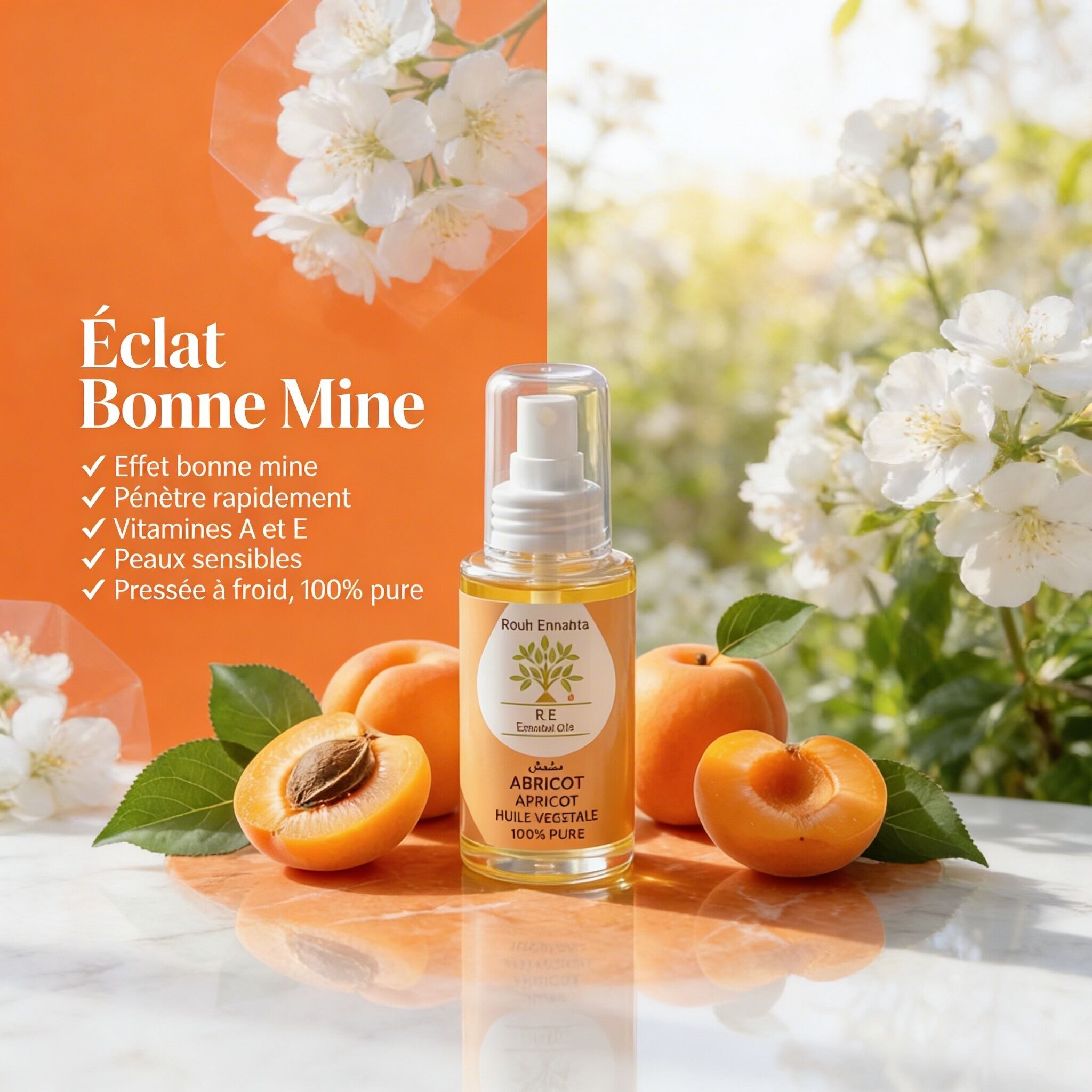 Huile Noyau d'Abricot BIO – Éclat Bonne Mine bottle with apricot halves and white flowers on marble surface.