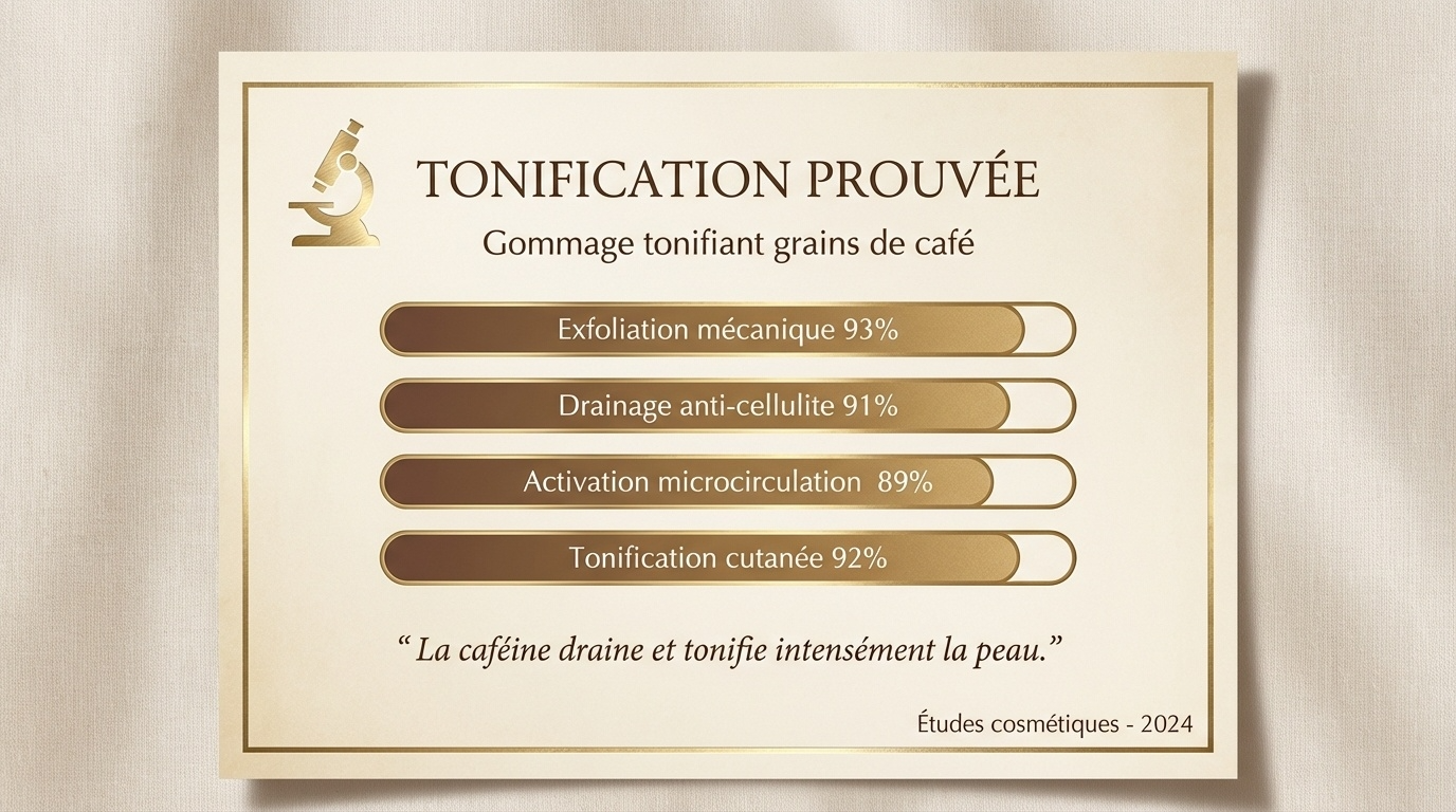 Cosmetic infographic showing proven toning effects of coffee grain scrub with percentages for exfoliation, drainage, circulation, and skin toning.
