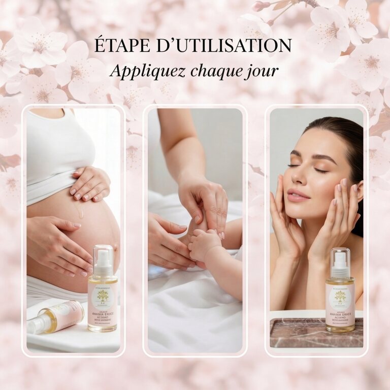 Huile d'Amande Douce BIO – Douceur Universelle shown being applied gently on pregnant belly, baby hand, and woman’s face