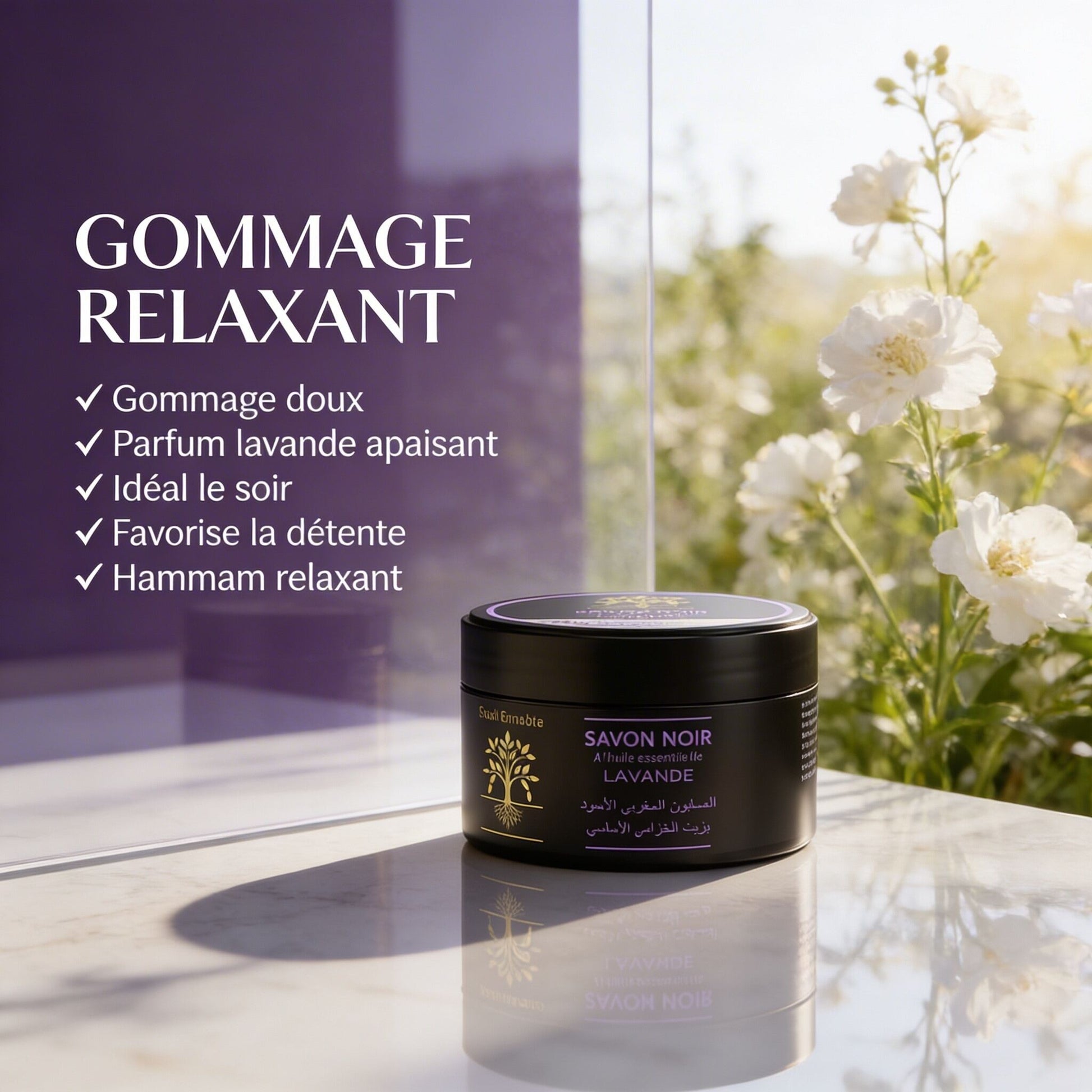 JODHUR Savon Noir Beldi Lavande BIO – Gommage Relaxant au moringa et huile d’argan pour une peau purifiée et apaisée.