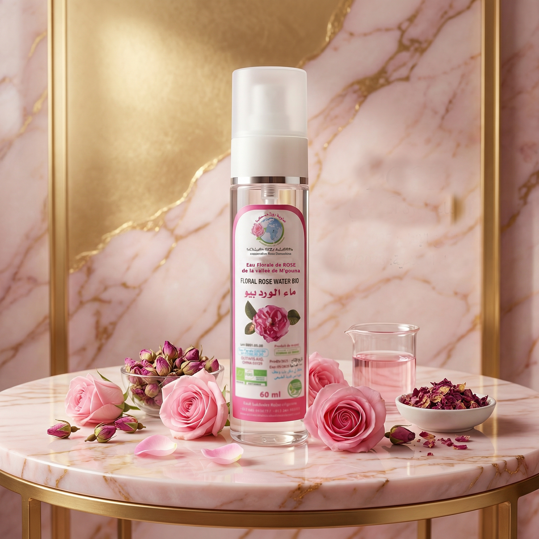 Eau Florale de Rose BIO – Tonique Apaisant Format Spray with roses and rose petals on marble table background