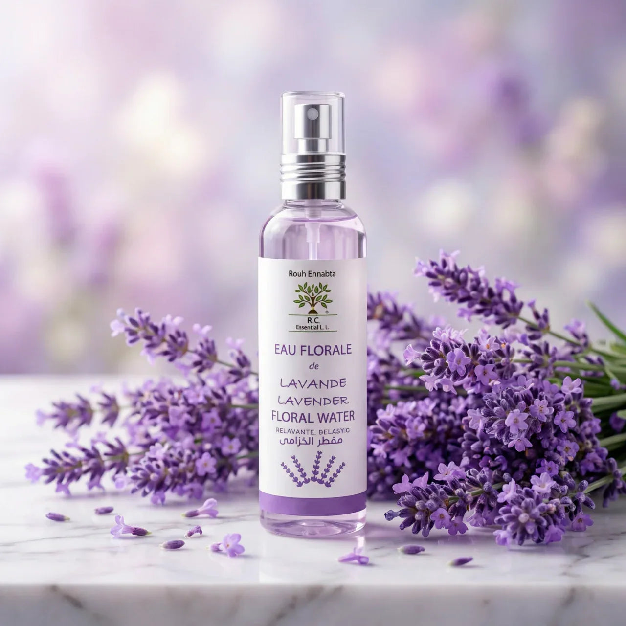Eau Florale de Lavande BIO – Apaisante Multi-Usage spray bottle with fresh lavender flowers on marble surface