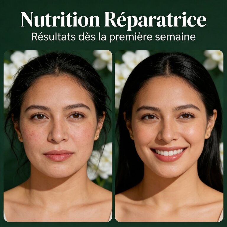Before and after comparison of a woman’s clear glowing skin using Huile d'Avocat BIO – Nutrition Réparatrice.