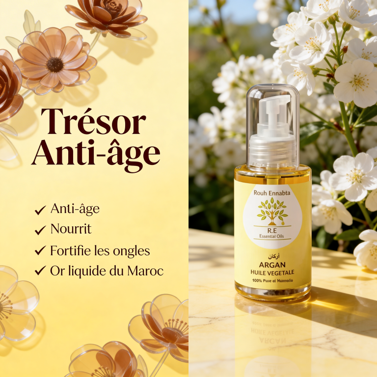 Huile d'Argan Pure BIO – Trésor Anti-âge bottle with flowers in sunlight, highlighting anti-aging benefits and natural ingredients.