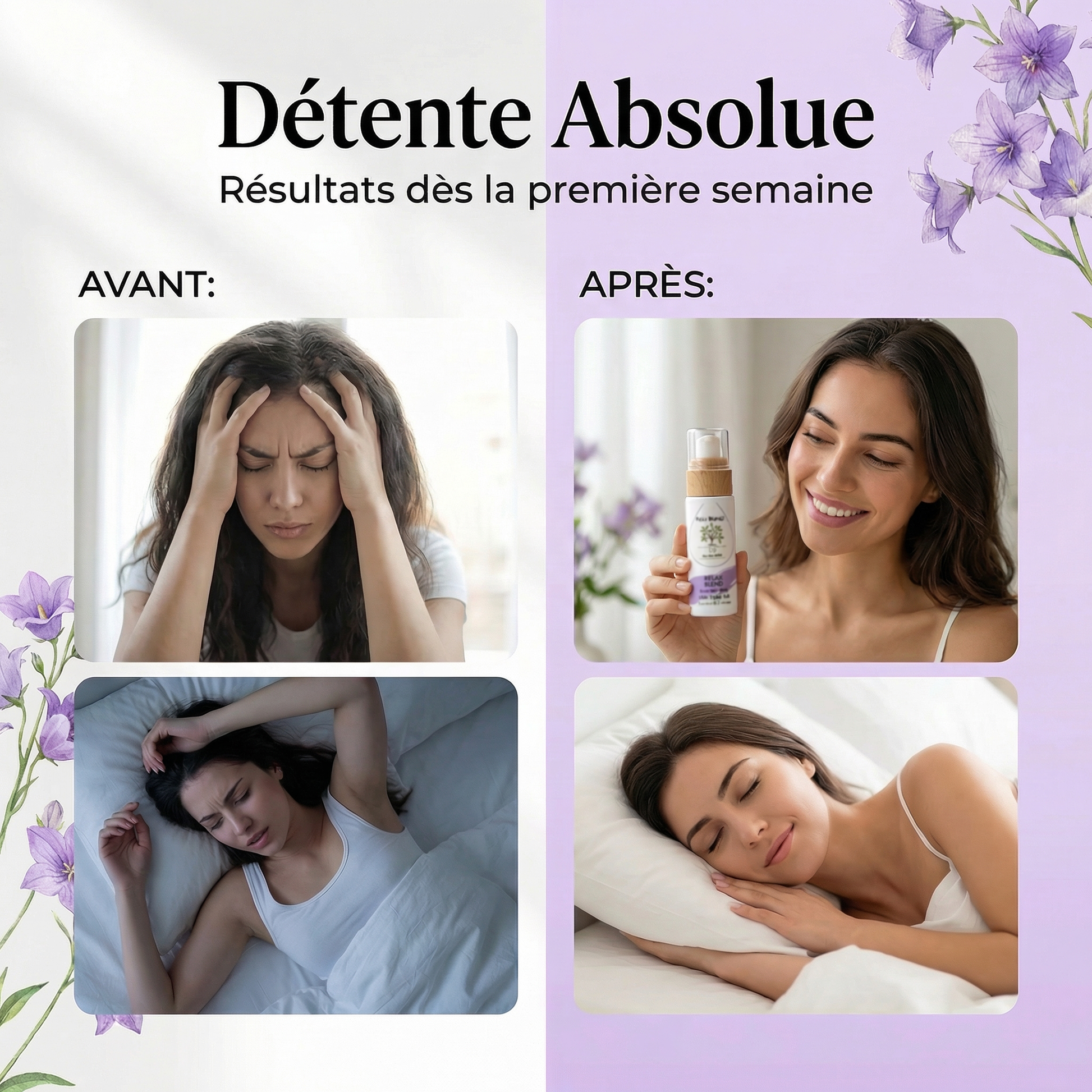 Before and after using Huile Massage Relax Blend BIO – Détente Absolue showing stress relief and peaceful sleep results.