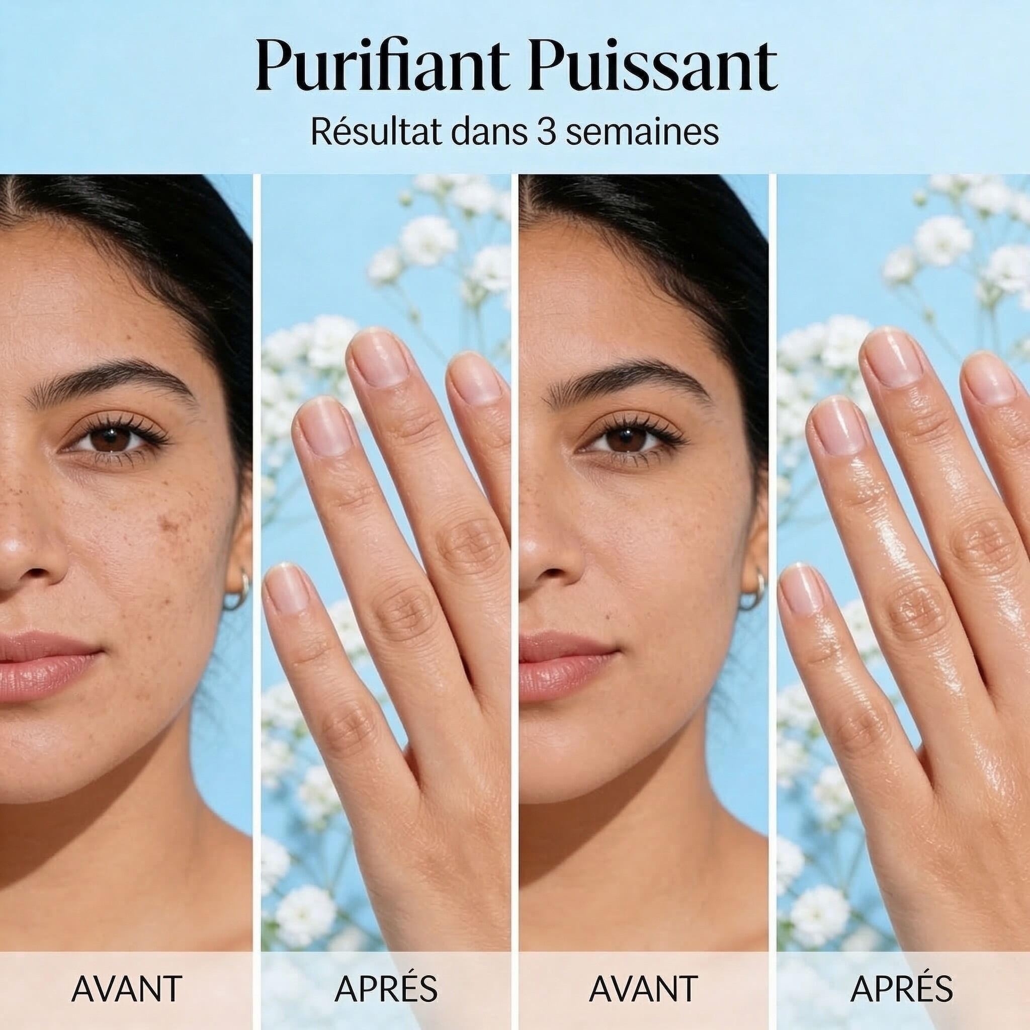 Before and after skin and hand transformation showcasing results after using Huile Essentielle Origan Compact BIO | Anti-infectieuse & stimulante.