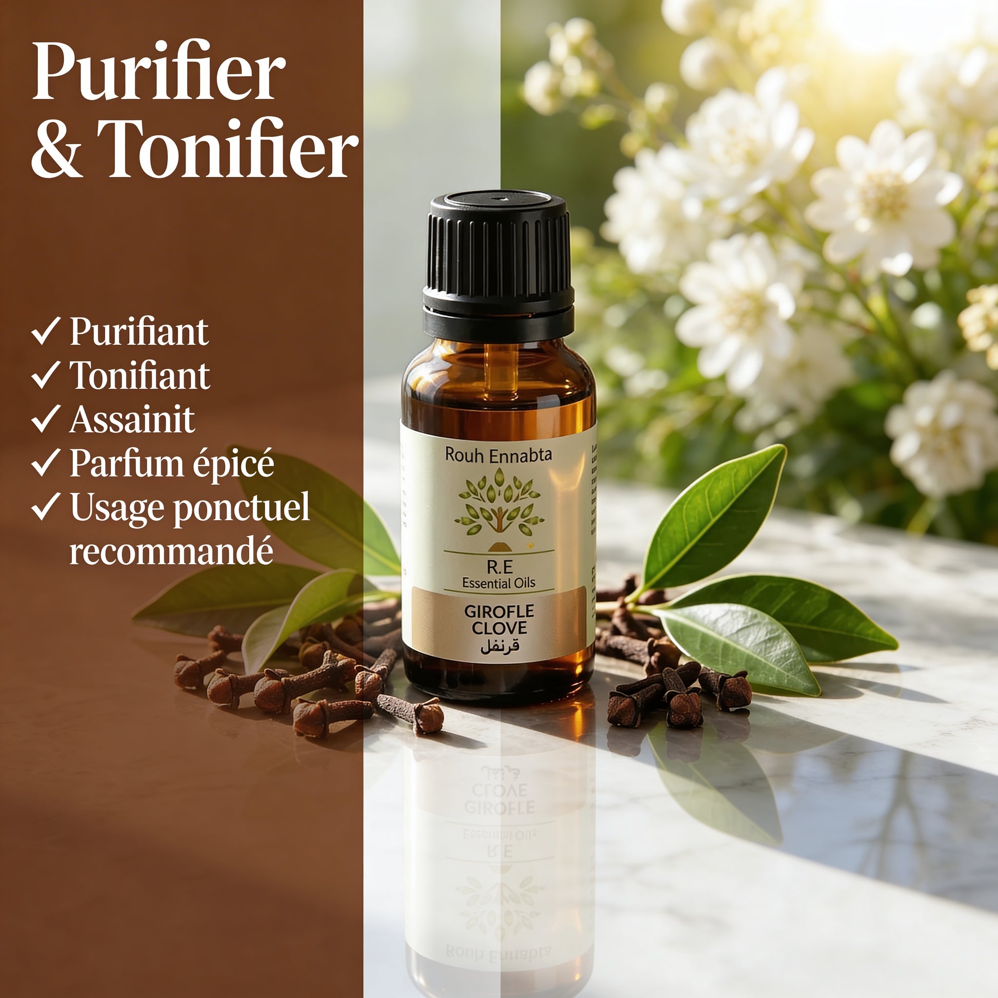 Huile Essentielle Clou de Girofle BIO | Antiseptique & tonifiante JODHUR, infusion moringa pour peau purifiée et tonifiée naturellement.