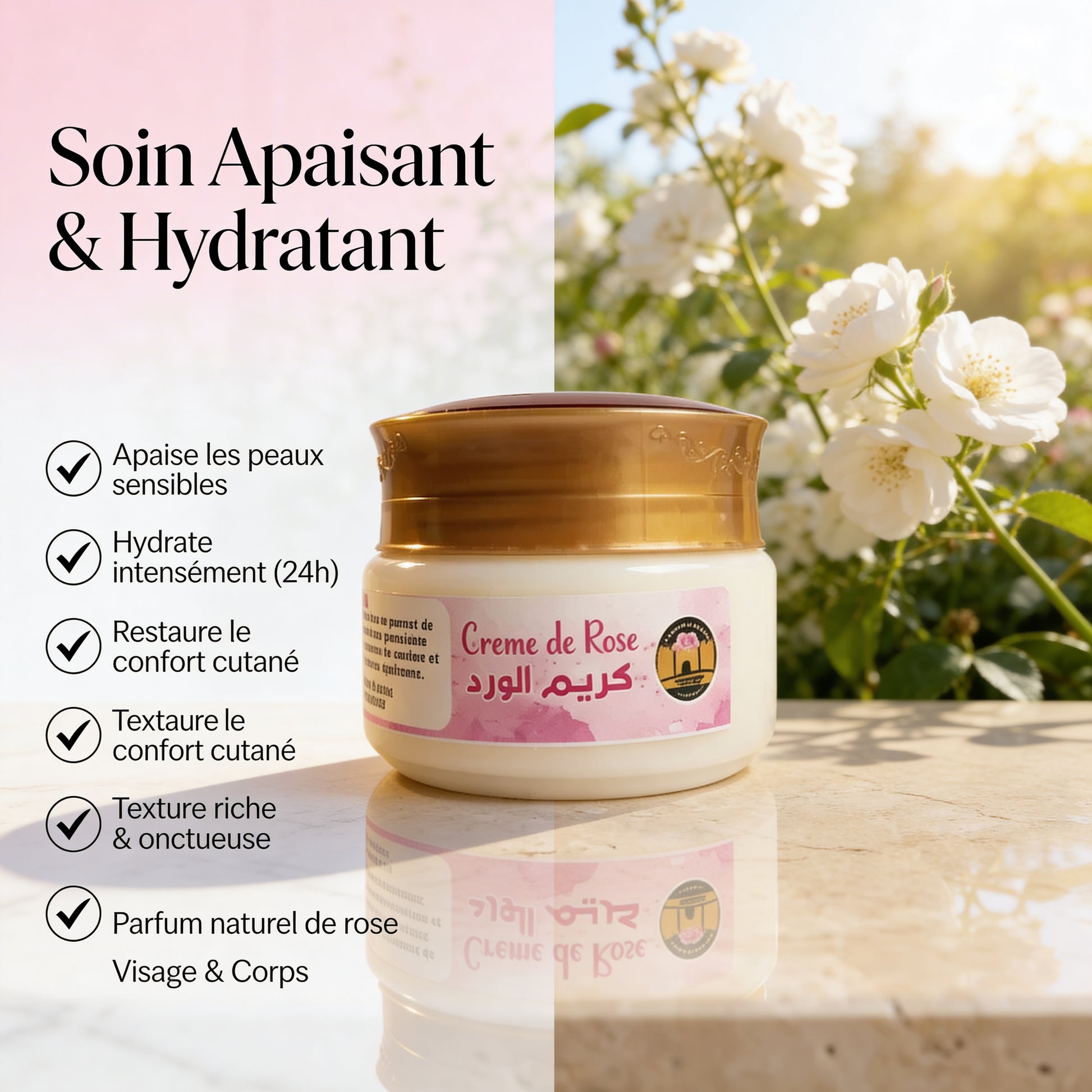 Crème de Rose – Soin Apaisant & Hydratant JODHUR avec moringa et huile d’argan pour peau apaisée et bien hydratée.