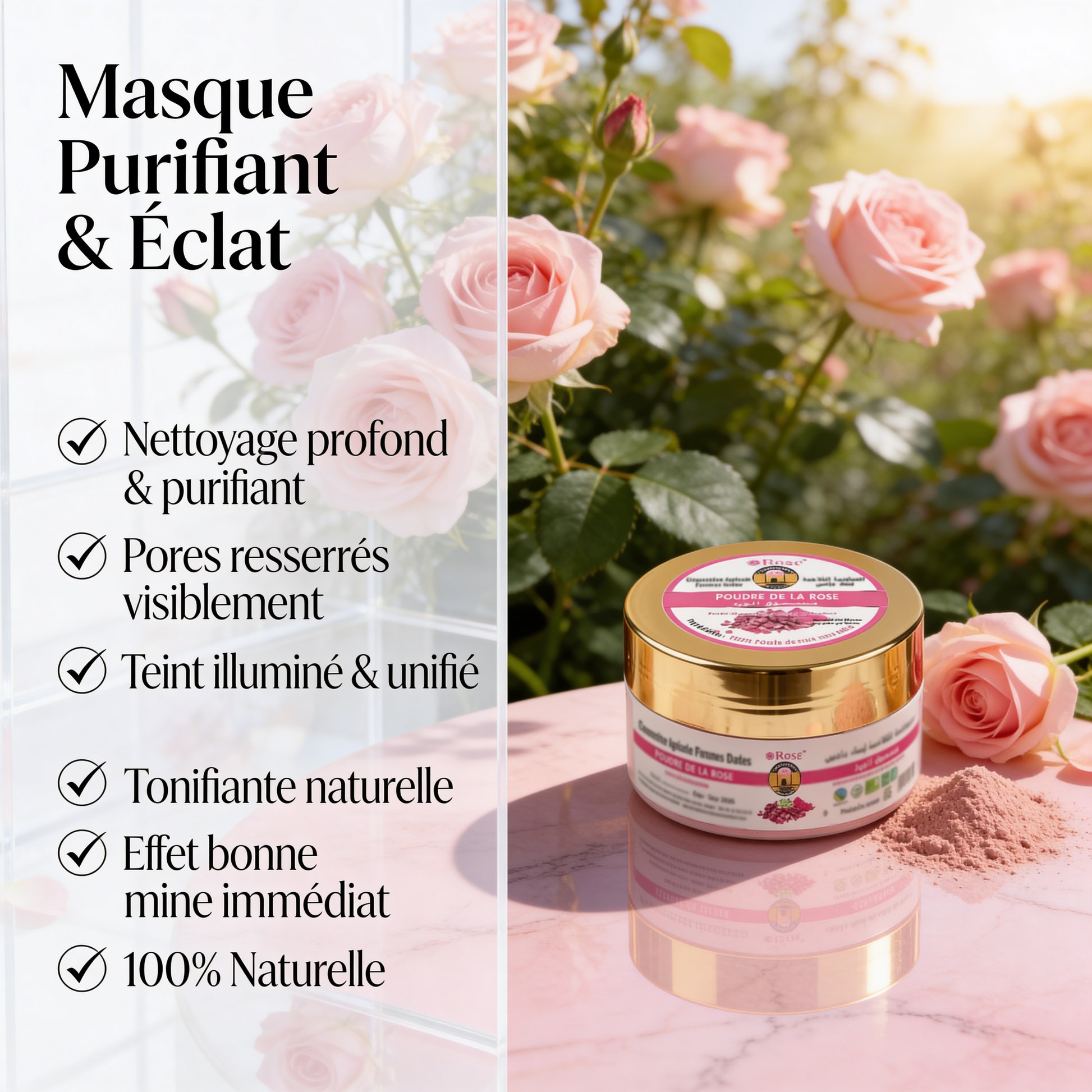 JODHUR Poudre de Rose – Masque Purifiant & Éclat à l’huile d’argan et moringa pour un teint purifié et éclatant.