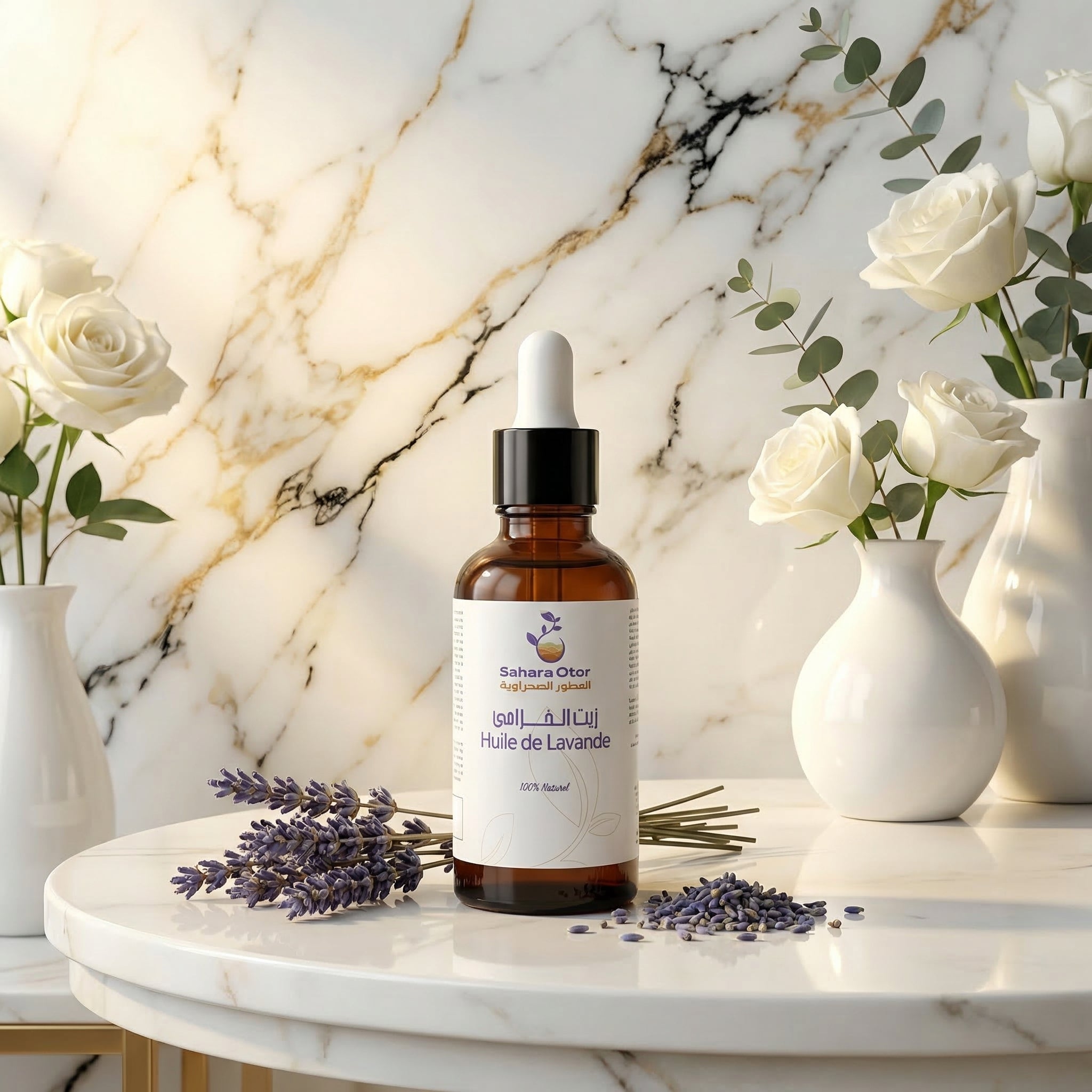 Brown dropper bottle of Huile de Lavande Pure | Apaise & répare la peau with lavender and white roses on marble table