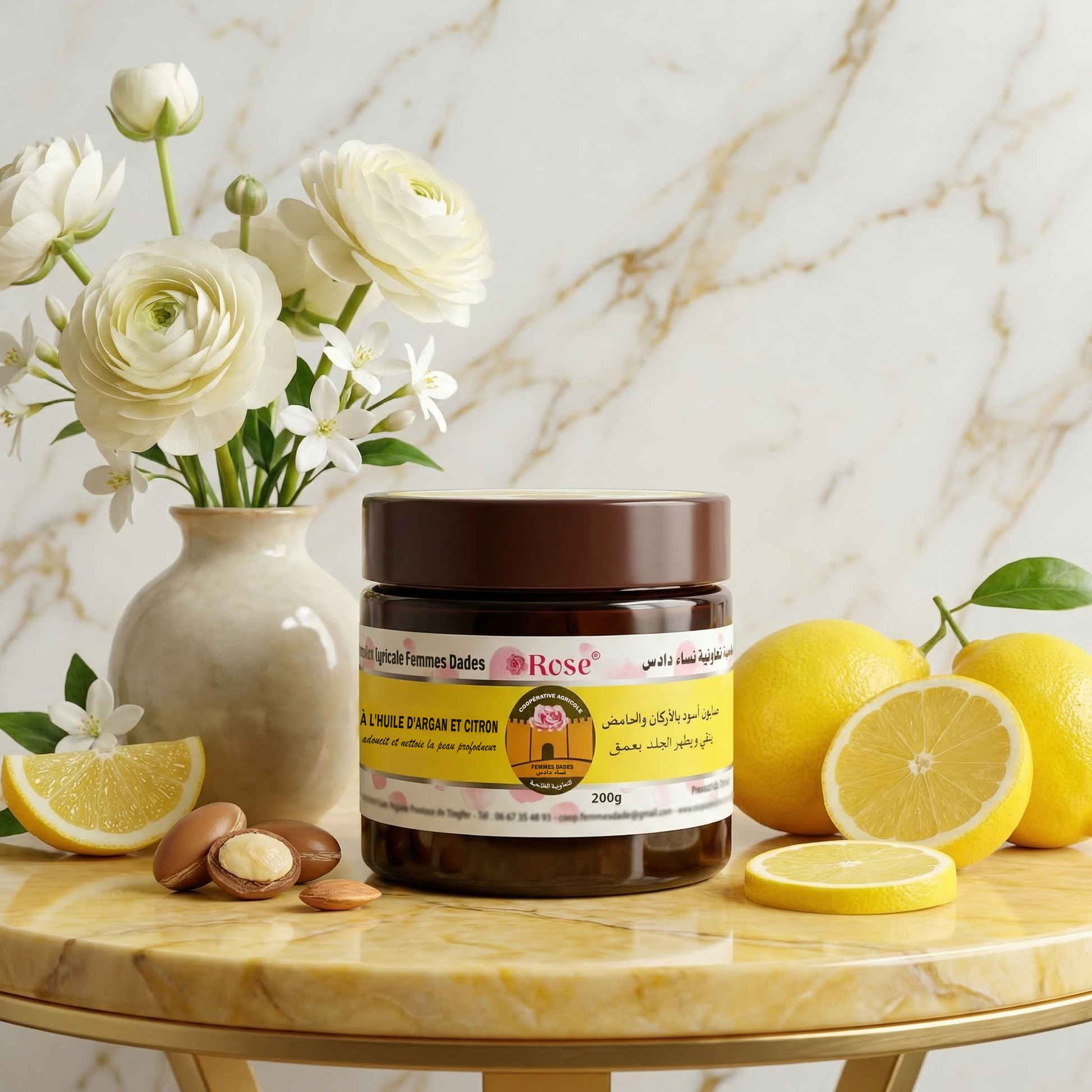 Savon Noir à l'Argan et Citron· Peau Purifiée, Hydratée & Teint Éclatant jar with argan nuts and lemons on a marble table with white flowers.