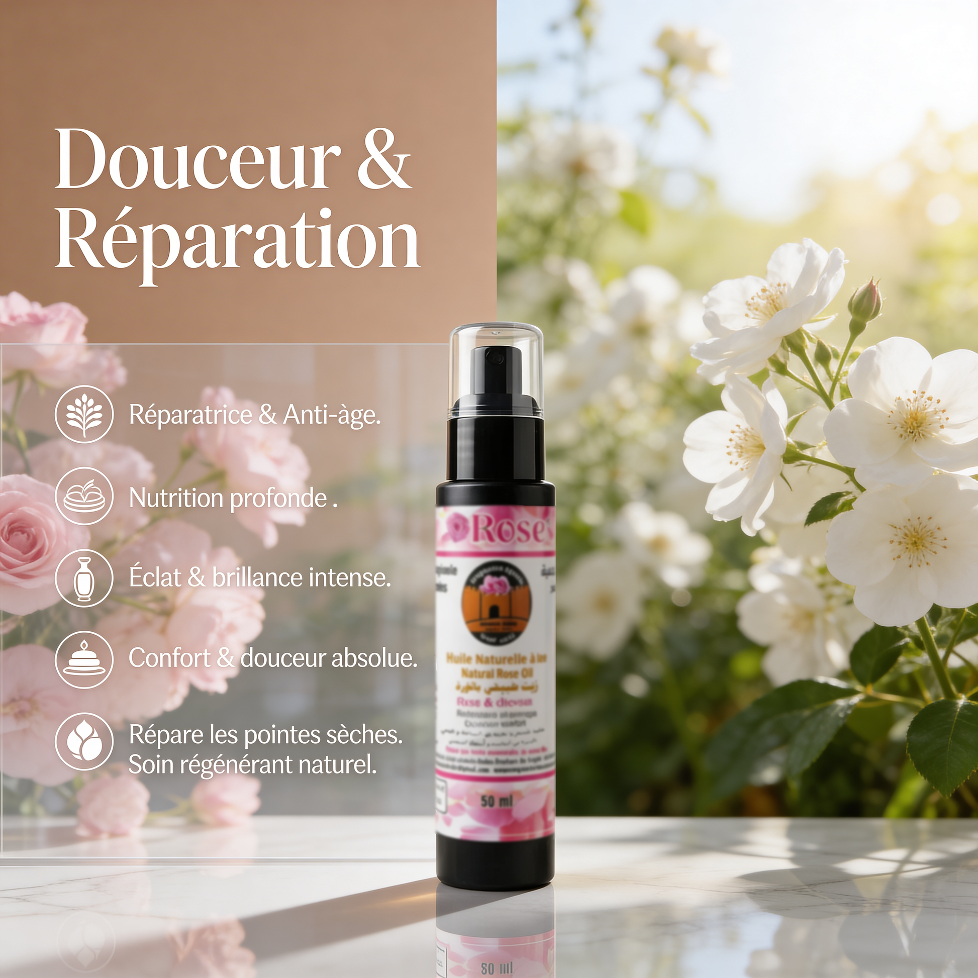 JODHUR Huile à la Rose – Réparatrice Anti-Âge Corps & Cheveux, moringa et huile d’argan pour nutrition et réparation intense.