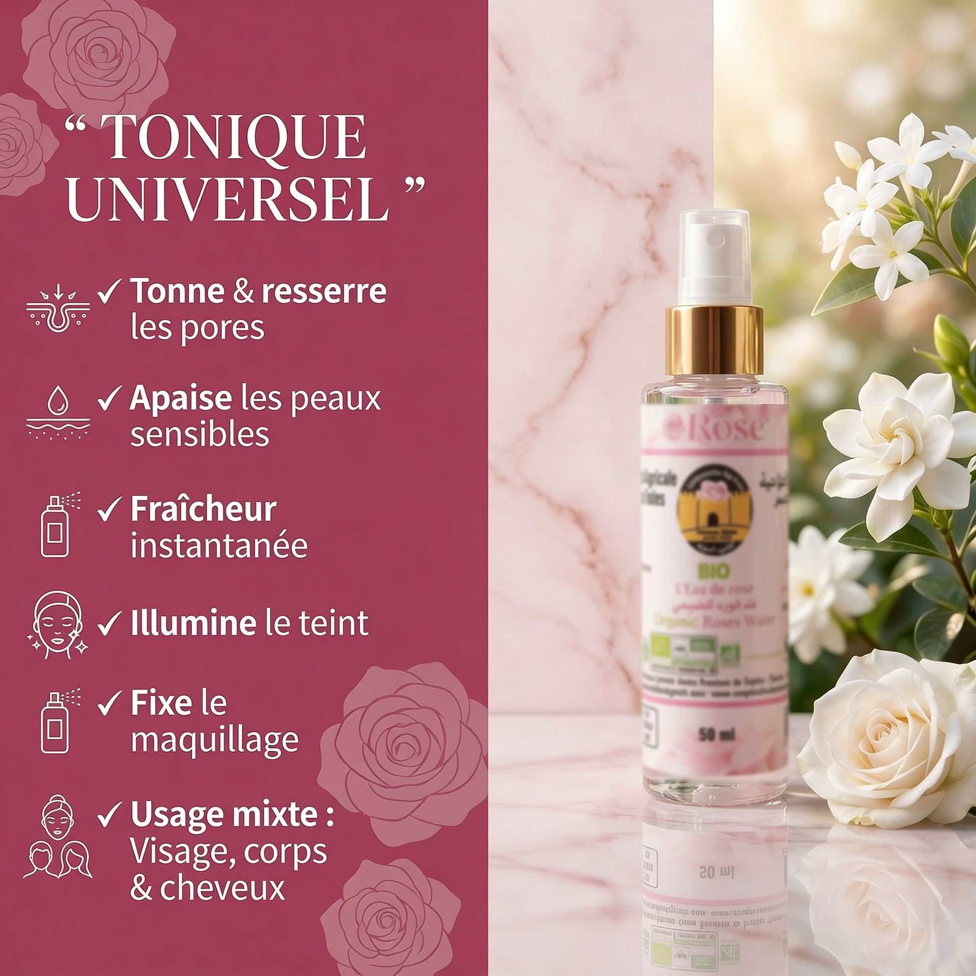 JODHUR Eau de Rose BIO – Tonique Universel Vallée des Roses enrichi en huile d’argan bio, tonifie et apaise la peau sensible.