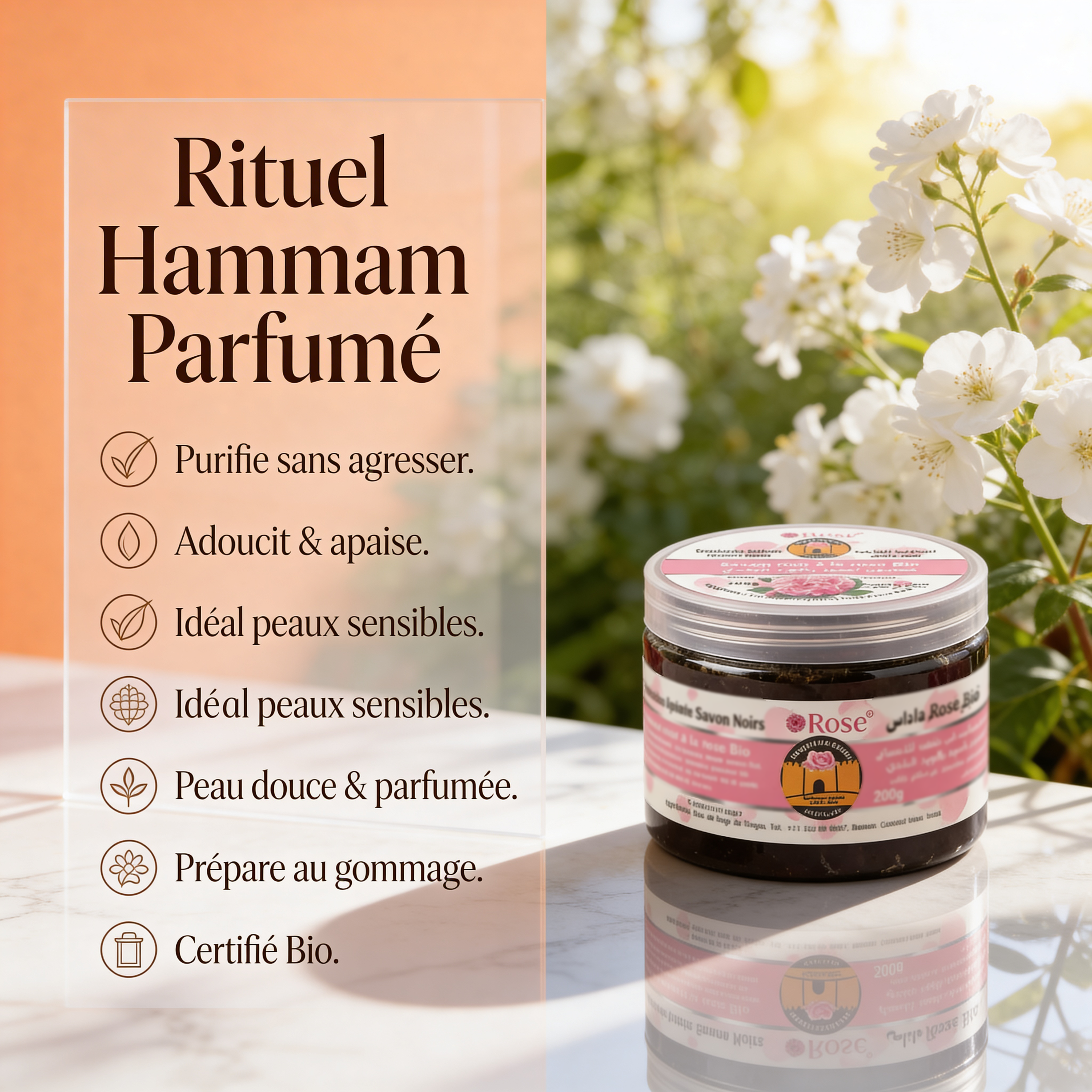 JODHUR Savon Noir Beldi à la Rose BIO – Douceur Hammam, à l’huile d’argan, purifiant et adoucissant la peau.