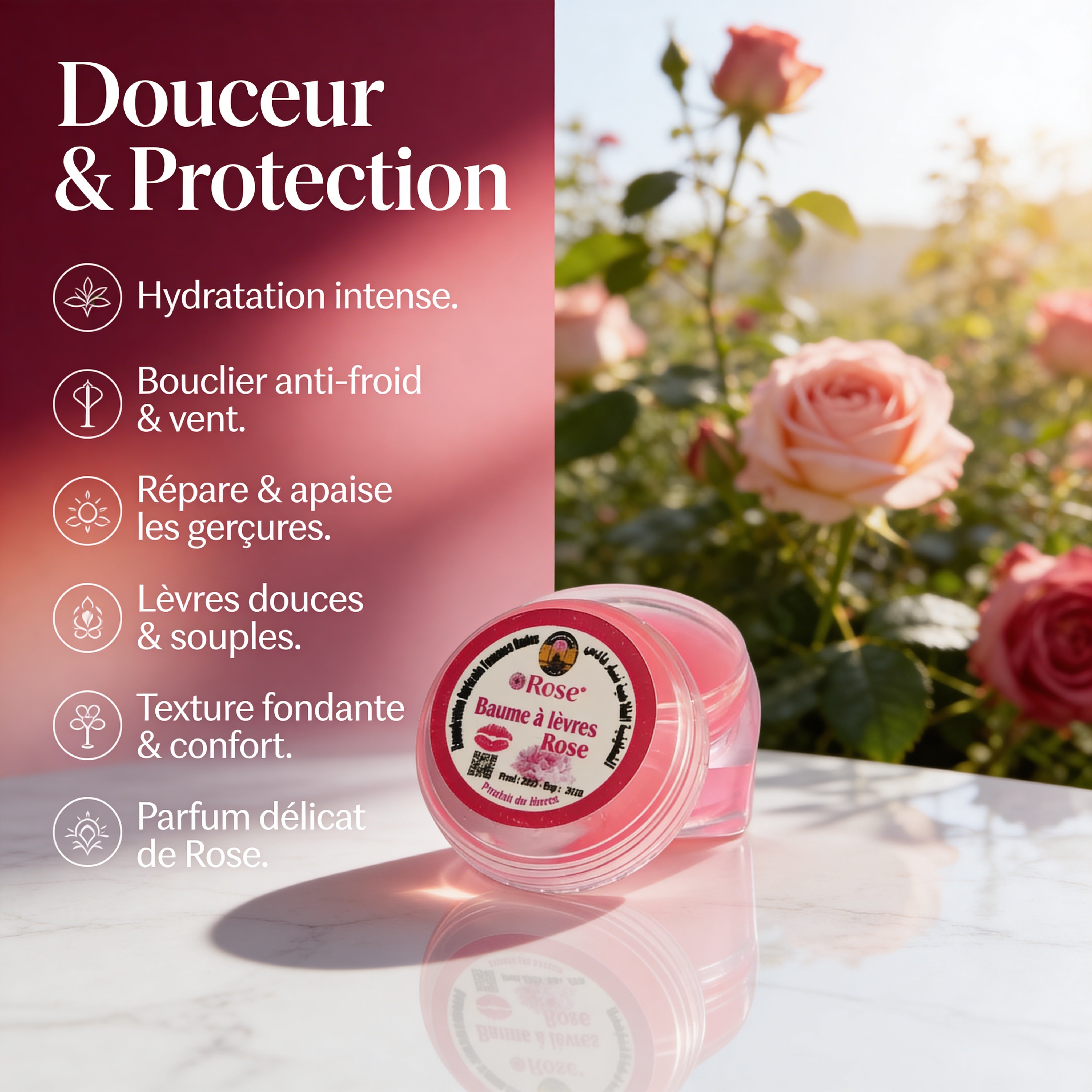 Baume à Lèvres Rose – Douceur & Protection JODHUR au moringa et huile d’argan hydrate et protège les lèvres en douceur.