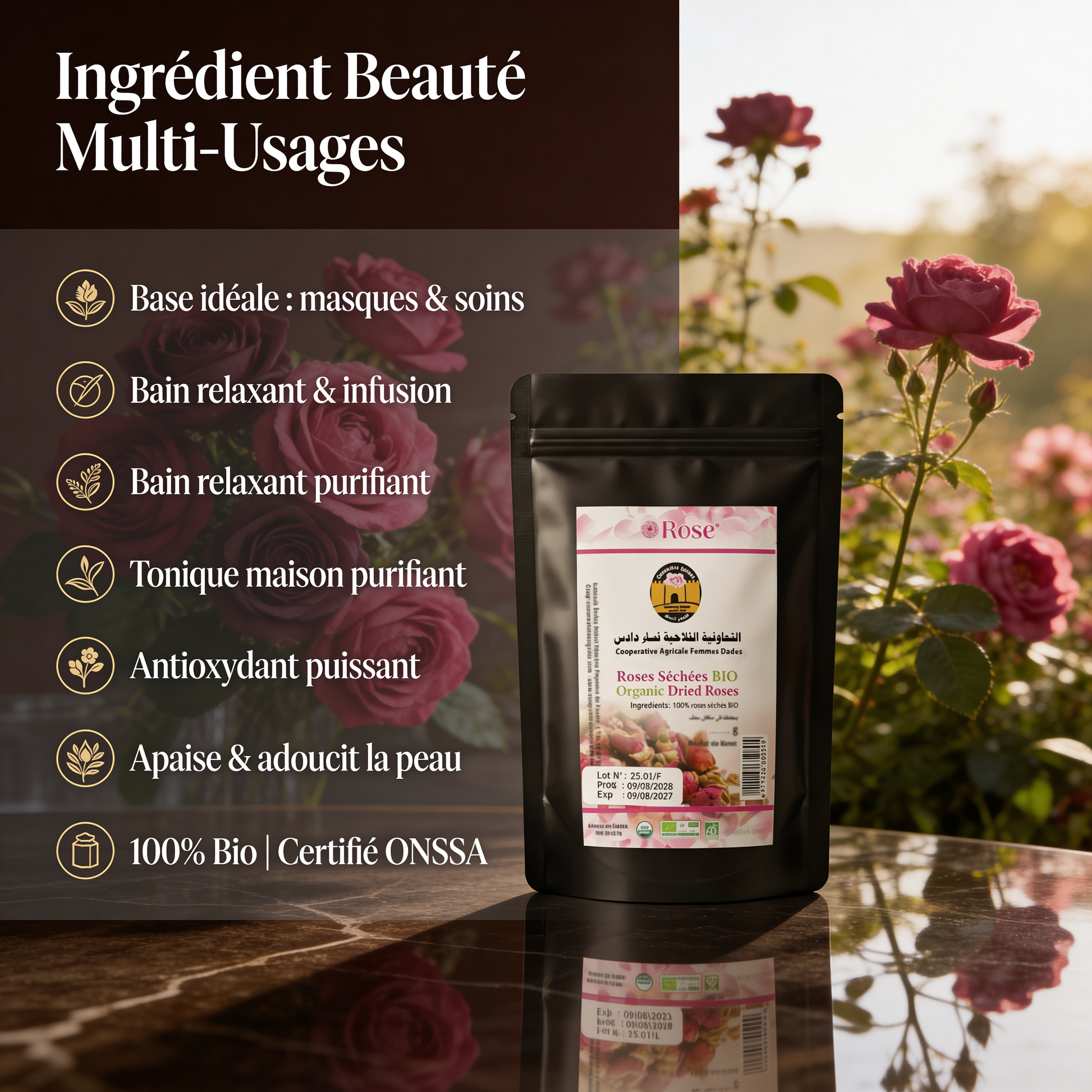 JODHUR Roses Séchées BIO – Ingrédient Beauté Multi-Usages avec huile d’argan bio, apaisant et purifiant pour la peau.