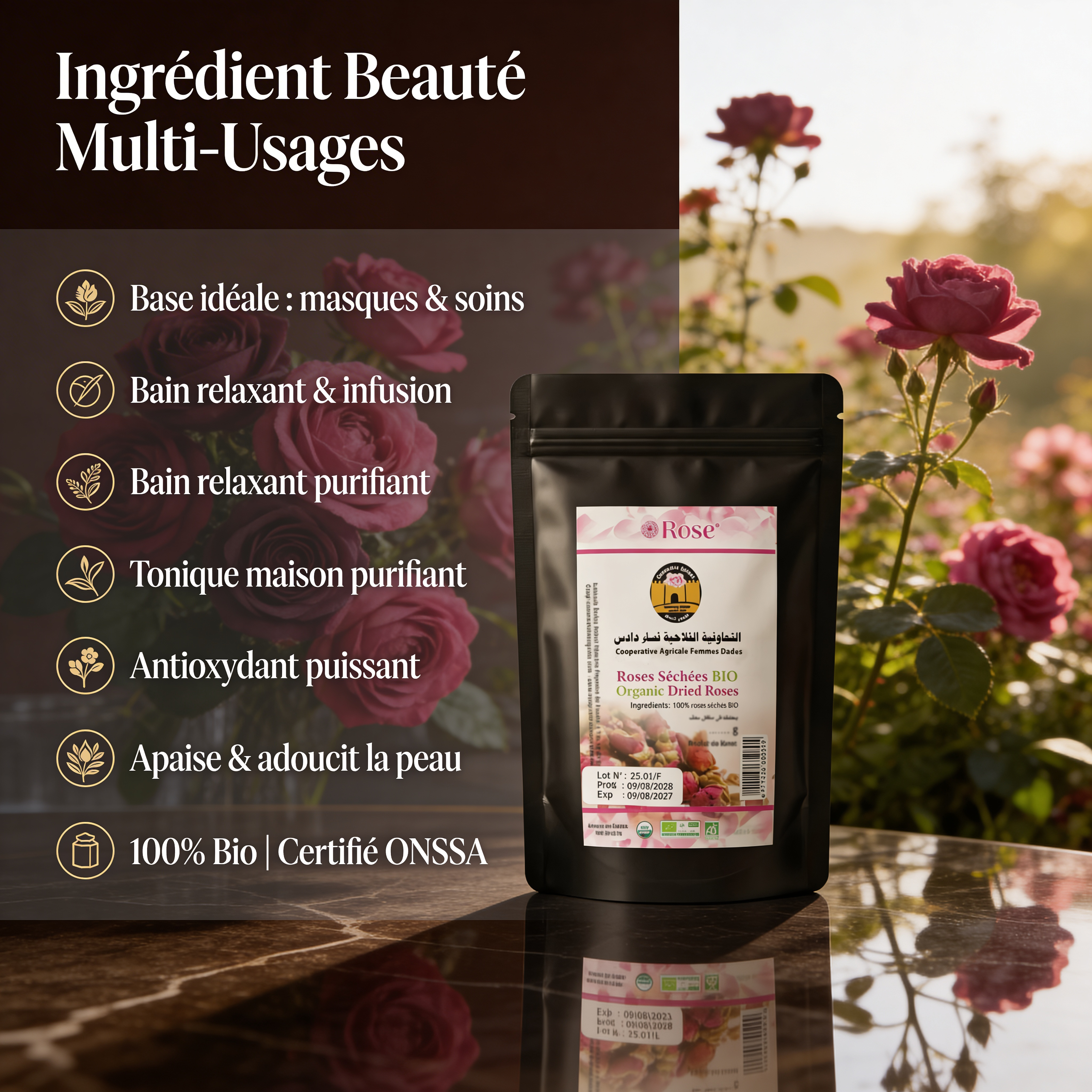 JODHUR Roses Séchées BIO – Ingrédient Beauté Multi-Usages avec huile d’argan bio, apaisant et purifiant pour la peau.