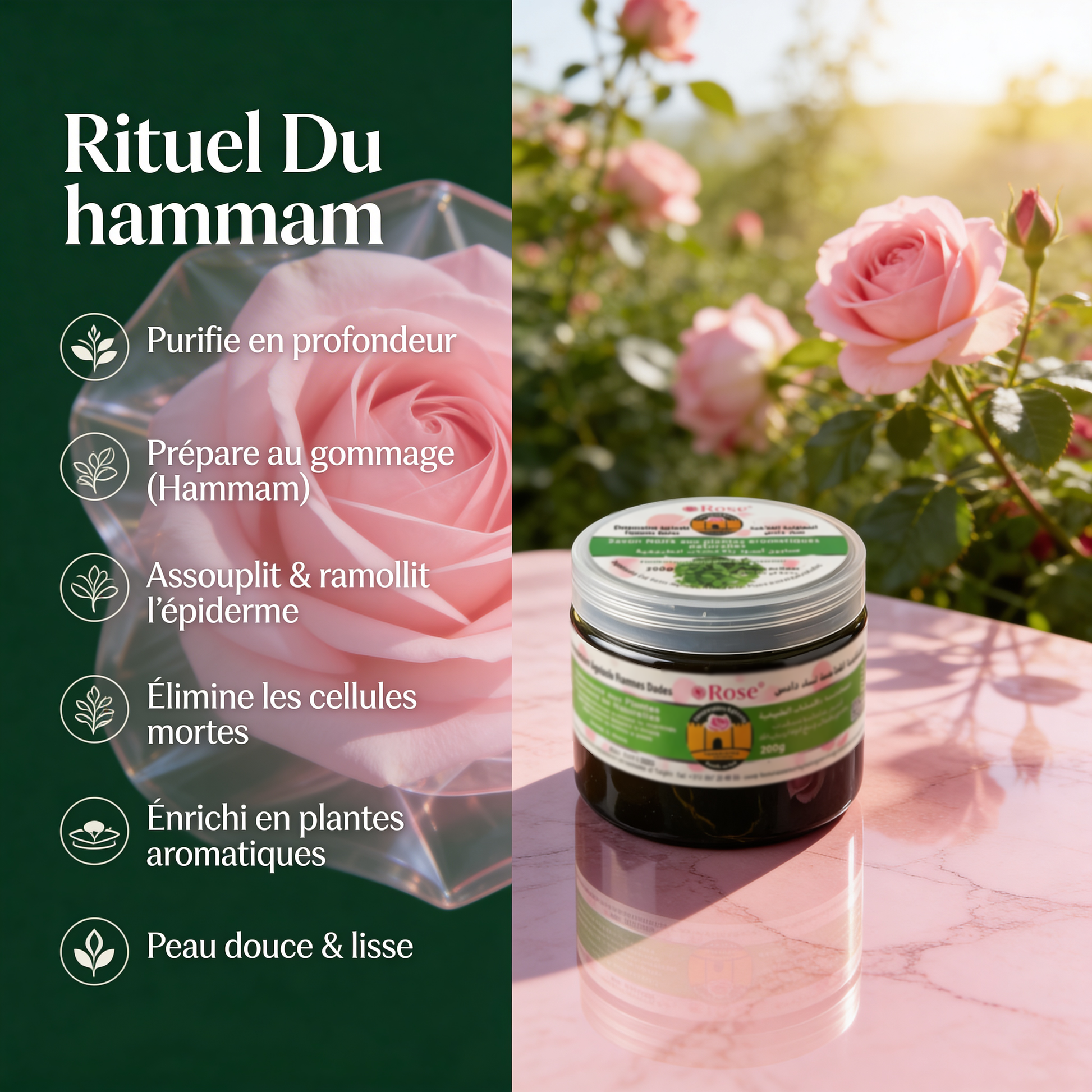 Savon Noir Beldi aux Plantes Aromatiques – Rituel Hammam JODHUR au moringa pour une peau purifiée et nourrie en douceur.