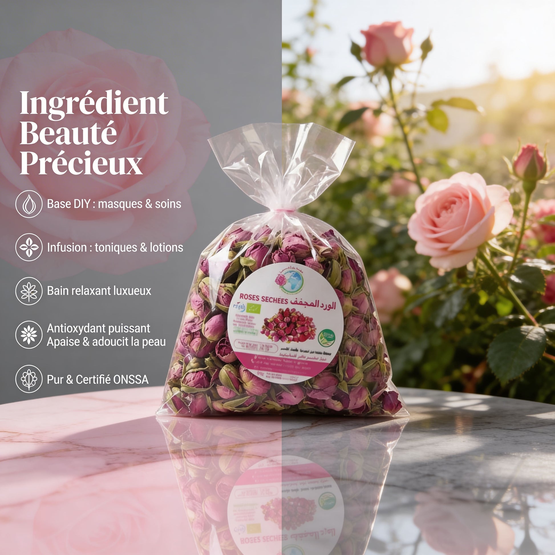 JODHUR Roses Séchées BIO – Ingrédient Beauté Précieux à l’huile d’argan, antioxydant et apaisant pour la peau et cheveux.