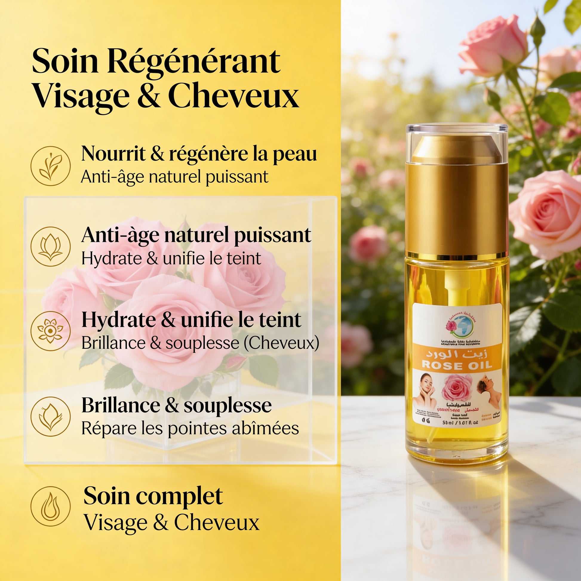 JODHUR Huile de Rose Cosmétique – Soin Régénérant Visage & Cheveux avec huile d’argan bio, hydrate et nourrit en profondeur.