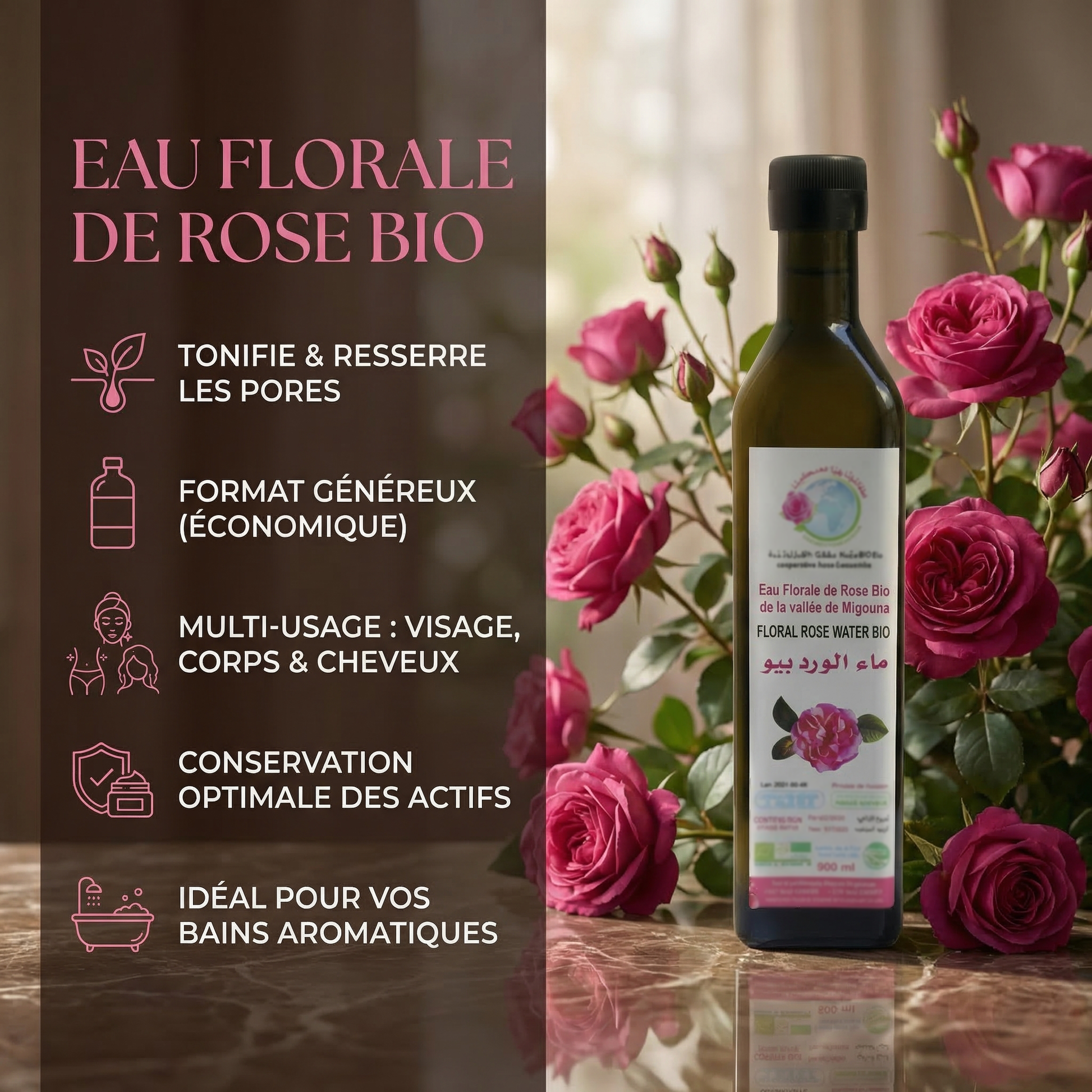 JODHUR Eau Florale de Rose BIO – Tonique Précieux Format Bouteille avec infusion moringa pour tonifier et purifier la peau.