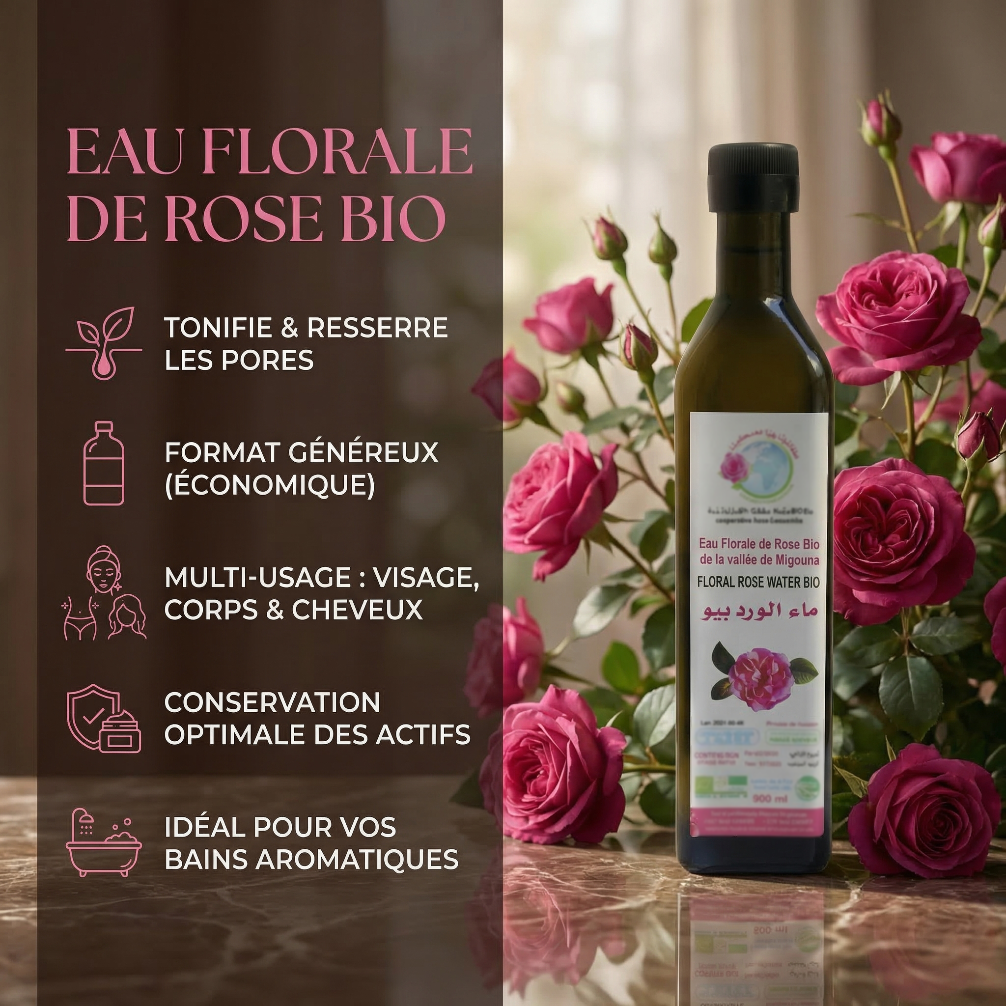 JODHUR Eau Florale de Rose BIO – Tonique Précieux Format Bouteille avec infusion moringa pour tonifier et purifier la peau.