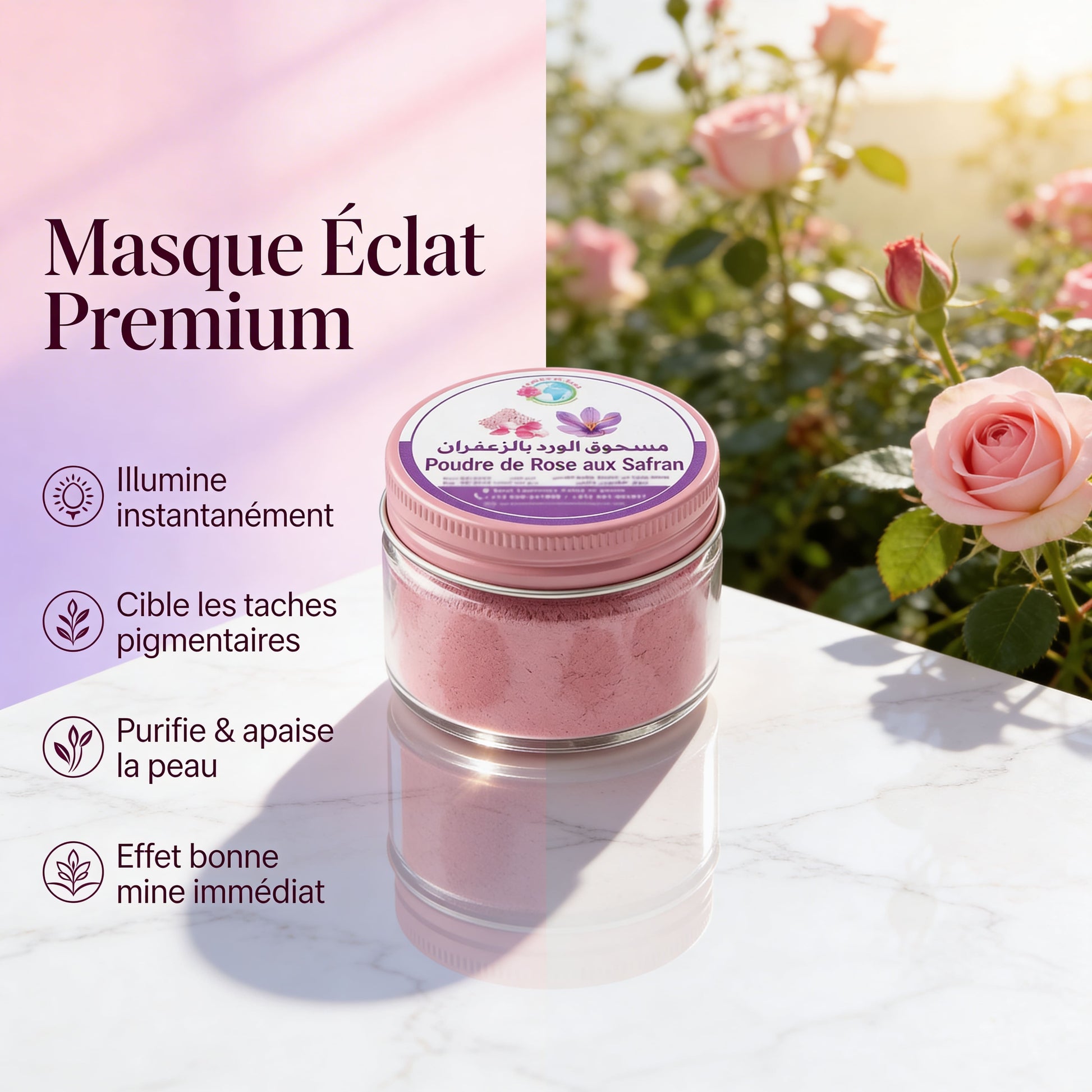 Poudre de Rose au Safran – Masque Éclat Premium JODHUR avec moringa et huile d’argan pour une peau purifiée et éclatante naturellement.