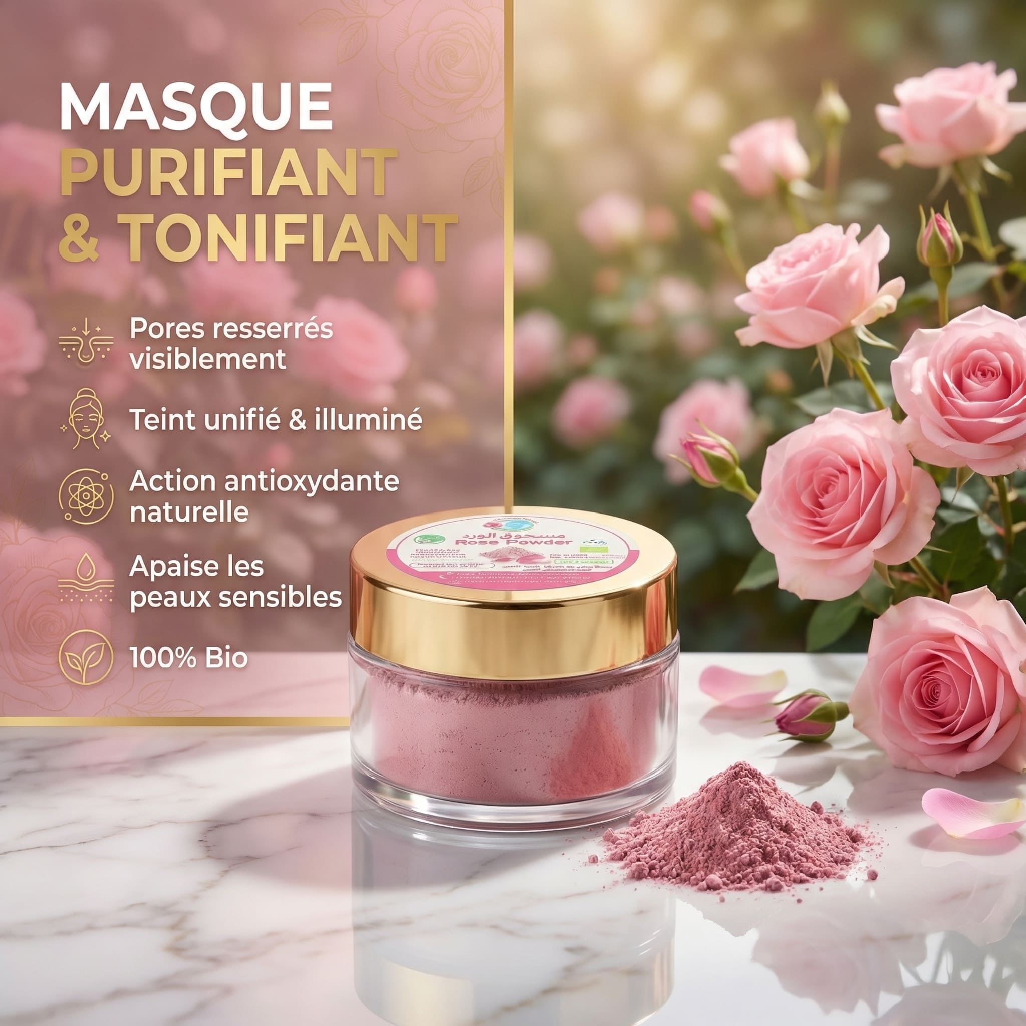 JODHUR Poudre de Rose BIO – Masque Purifiant & Tonifiant au moringa pour une peau purifiée, apaisée et un teint lumineux.