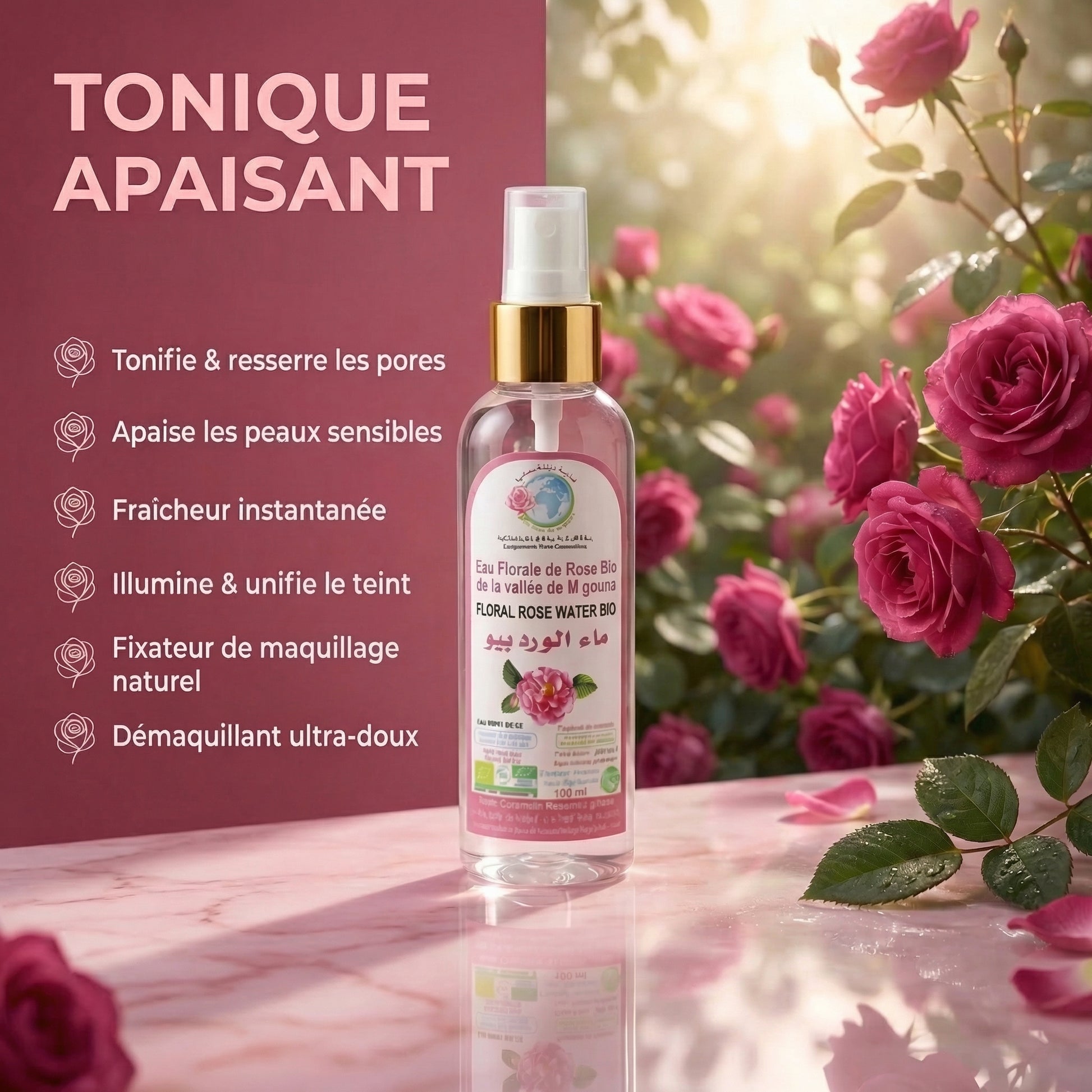 JODHUR Eau Florale de Rose BIO – Tonique Apaisant Format Spray au moringa, hydrate et illumine les peaux sensibles naturellement.