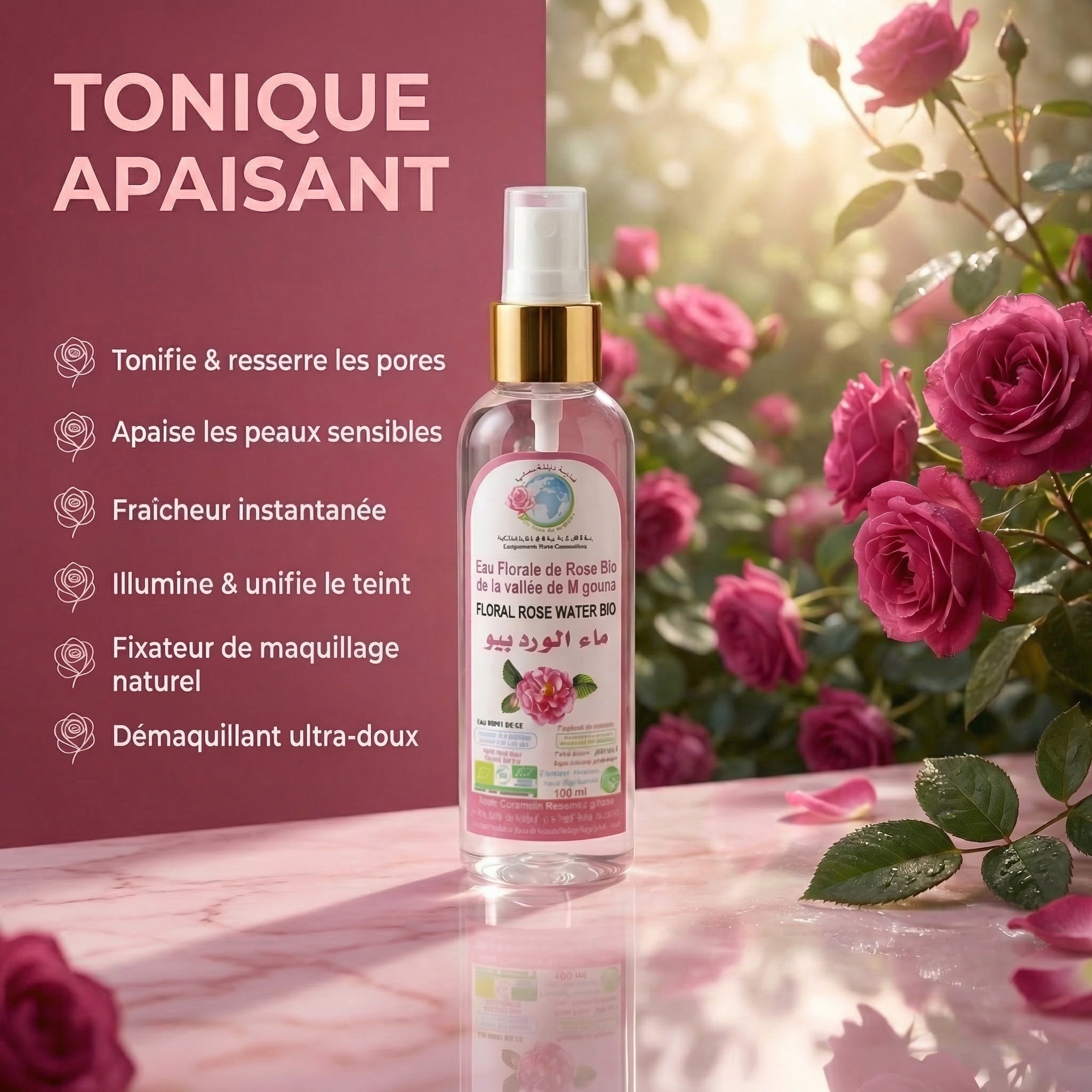 JODHUR Eau Florale de Rose BIO – Tonique Apaisant Format Spray au moringa, hydrate et illumine les peaux sensibles naturellement.