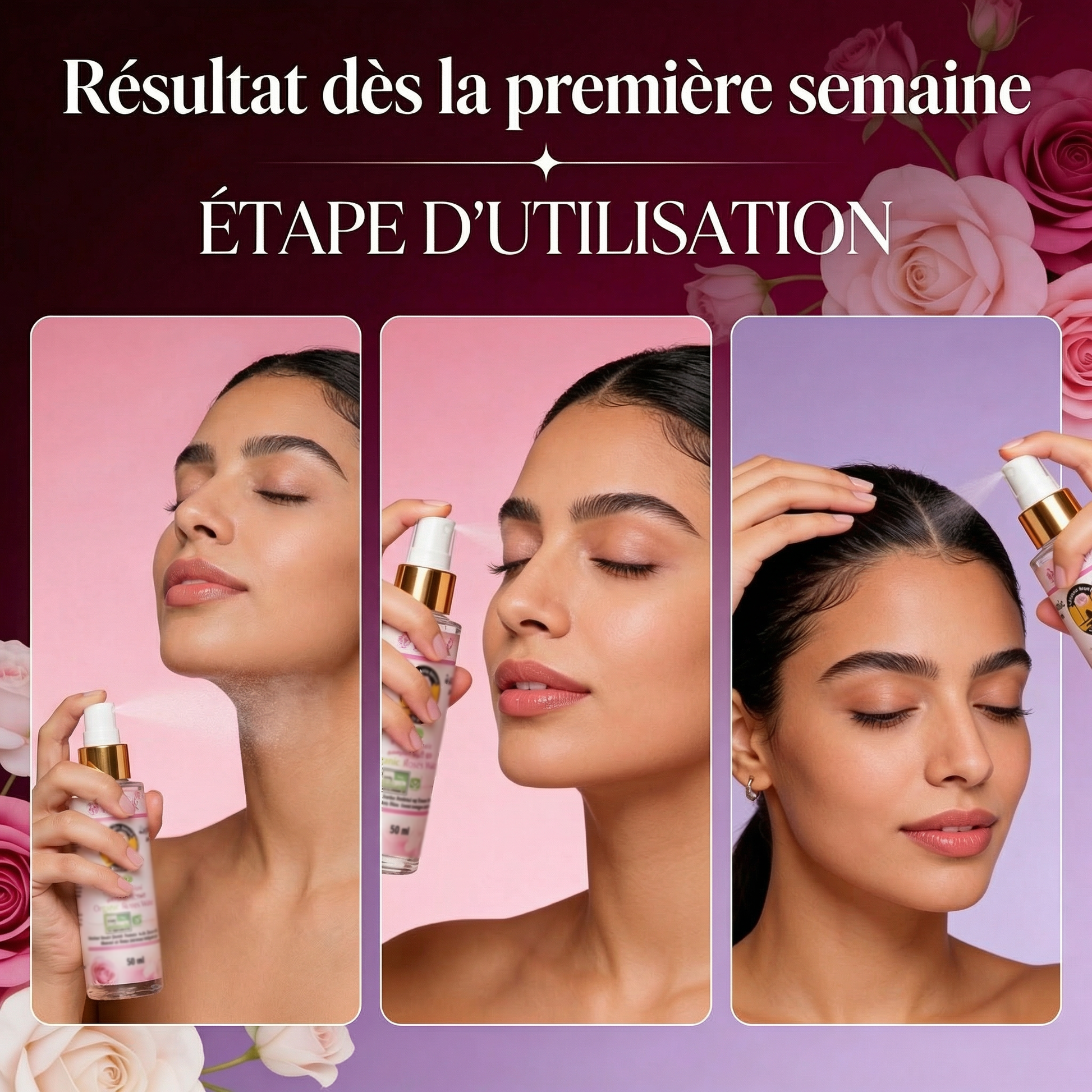 Jeune femme appliquant le spray Eau de Rose BIO – Tonique Universel Vallée des Roses de JODHUR, hydratant à l’huile d’argan bio.