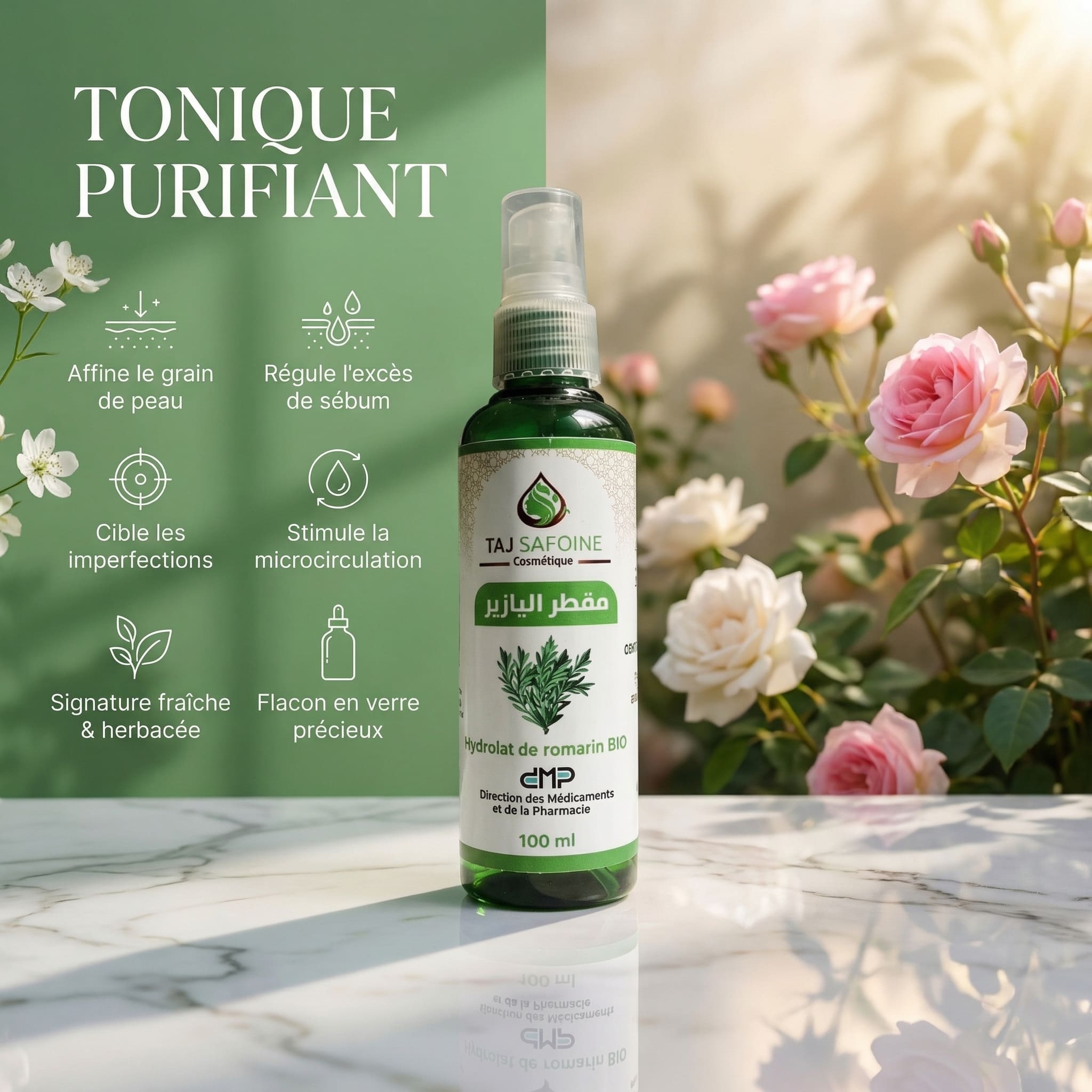 Hydrolat de Romarin – Tonique Purifiant JODHUR avec moringa, purifie et régule l’excès de sébum pour une peau nette.