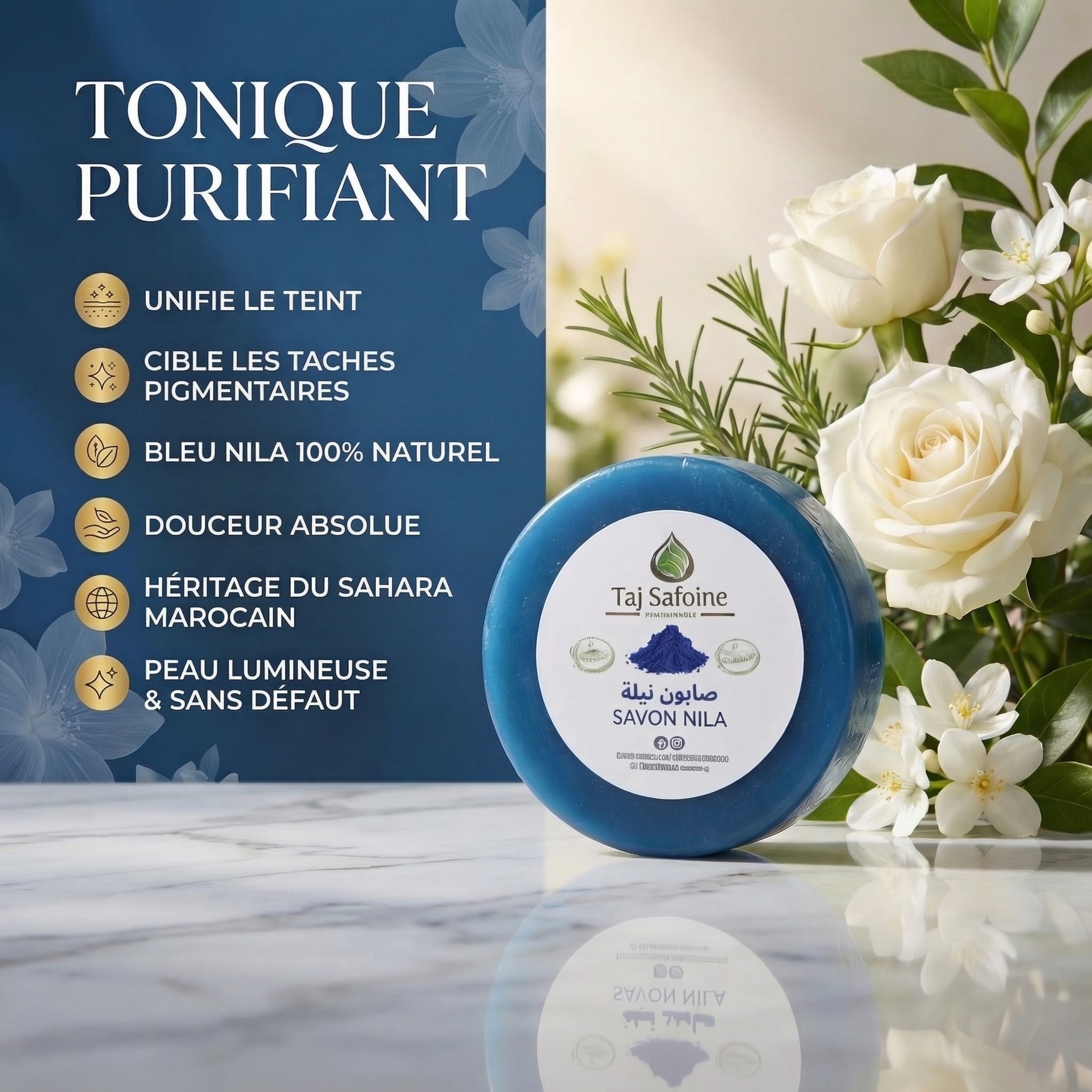 Savon Éclaircissant à la Nila Bleue – Teint Unifié JODHUR, enrichi en moringa pour un teint unifié et une peau lumineuse.