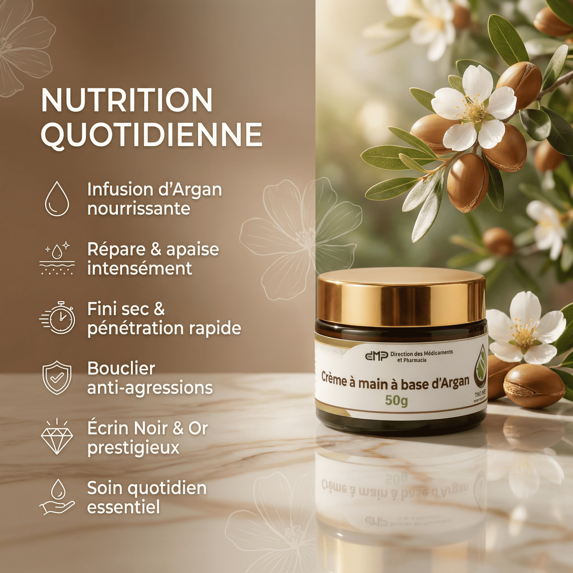 Crème Mains Hydratante à l'Argan – Nutrition Quotidienne JODHUR, infusion d’argan nourrissante et soin hydratant apaisant.