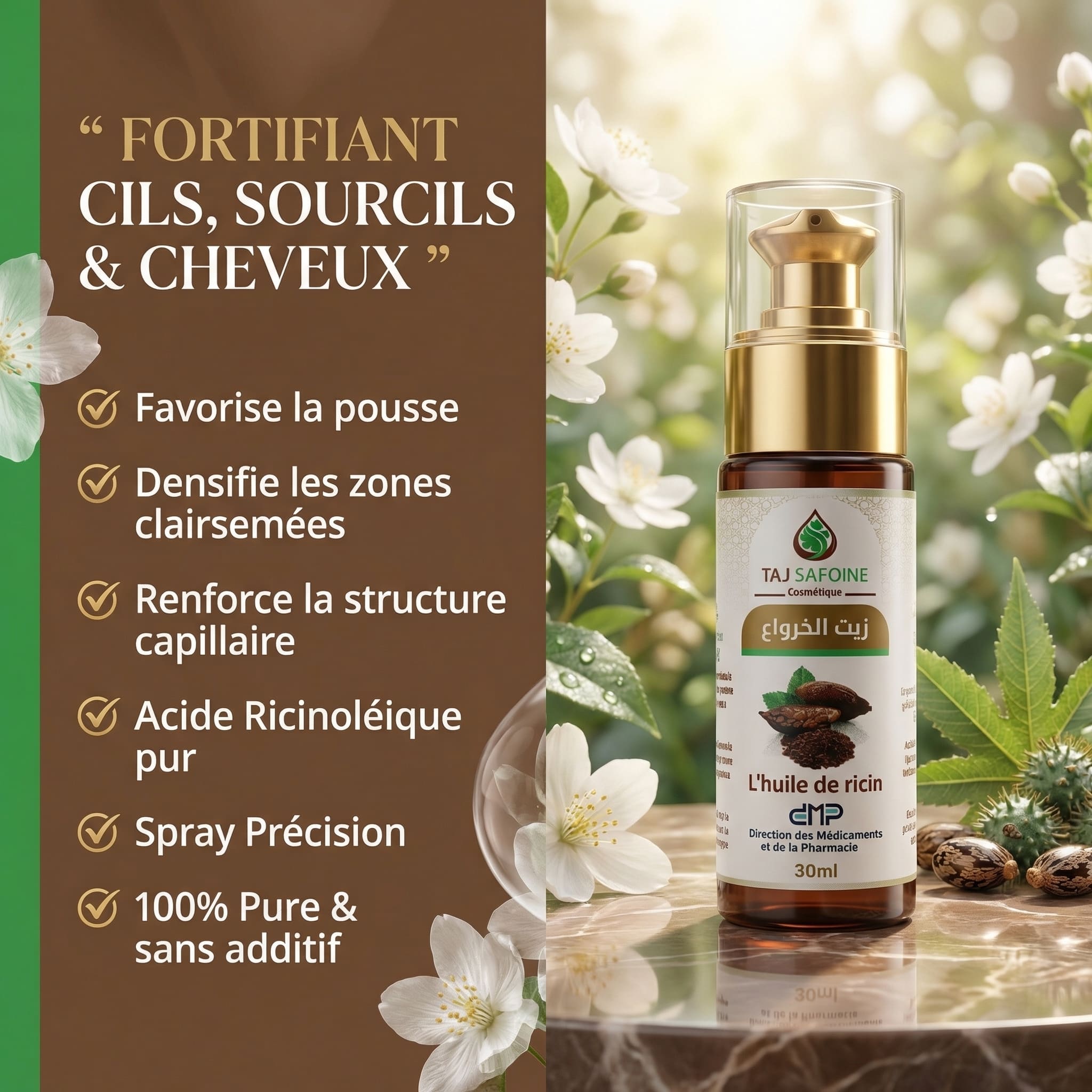 Huile de Ricin Pure – Fortifiant Cils, Sourcils & Cheveux JODHUR avec moringa pour nourrir et renforcer les cheveux naturellement.