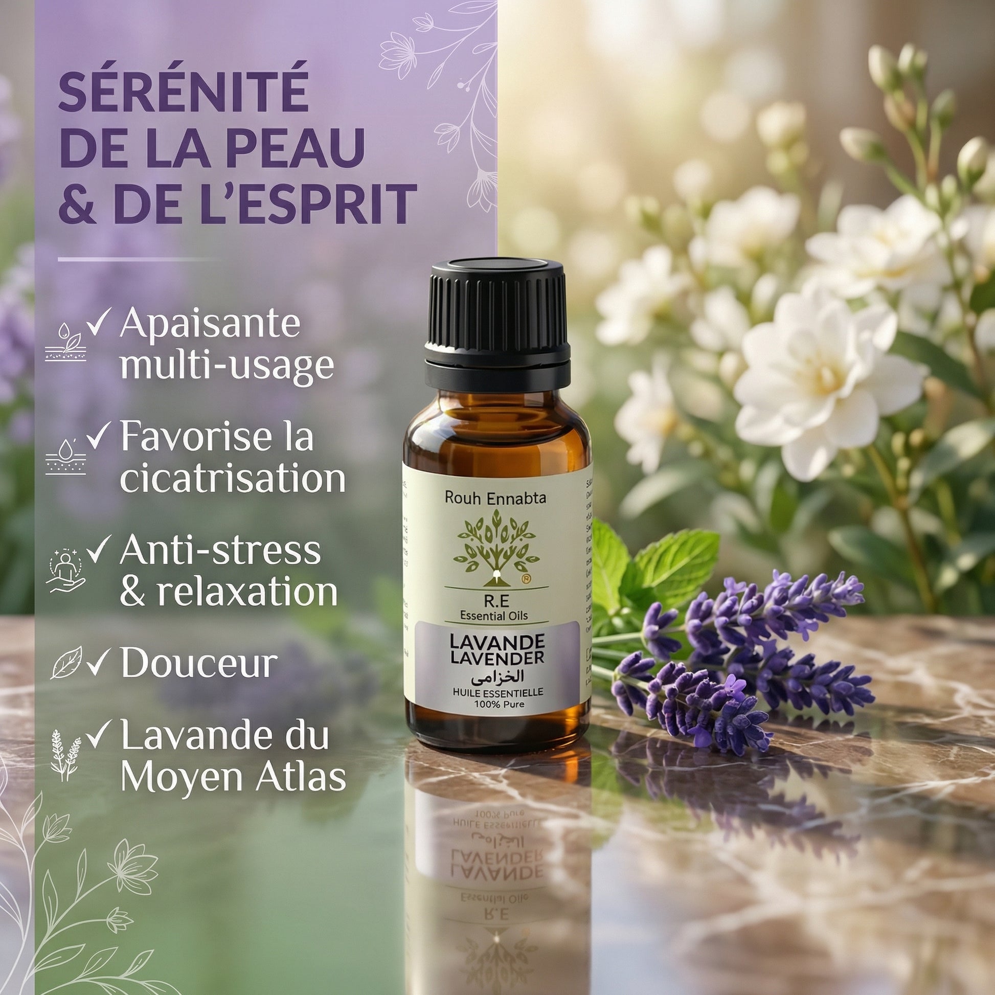 Huile Essentielle Lavande Fine BIO | Peau sensible : calme rougeurs & irritations lavender essential oil bottle with fresh lavender and flowers