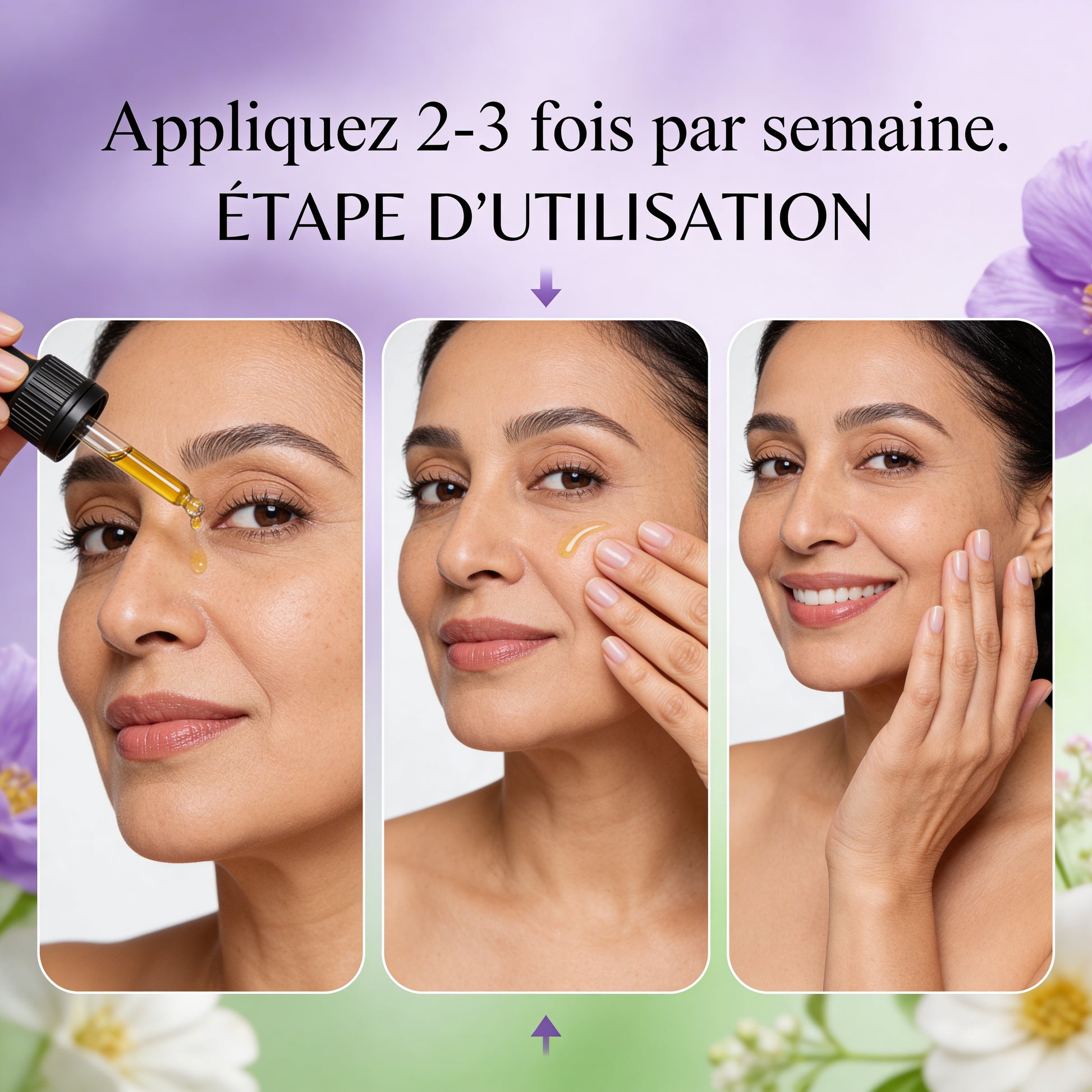 Huile Essentielle Lavande Fine BIO | Peau sensible : calme rougeurs & irritations applied to face with dropper and gentle massage steps